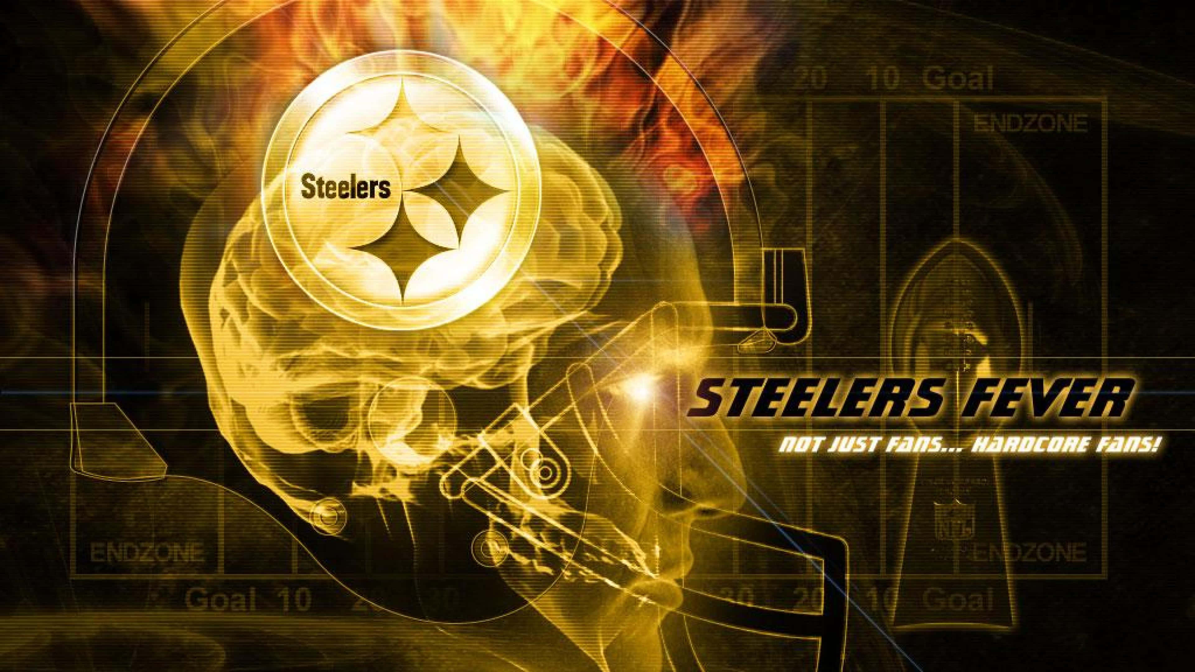 Pittsburgh Steelers Logo 桌布 壁紙 — 一個發光的 Steelers 標誌在一個半透明的大腦上脈動，帶有足球裝備和端區圖形，呈現火熱的黃色和黑色。