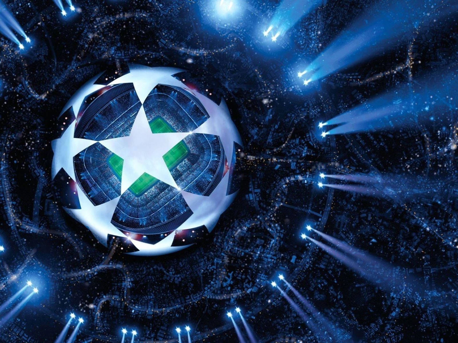 Uefa 桌布 壁紙 — 一個發光的 UEFA 歐冠足球在夜晚漂浮於球場之上，被戲劇性的藍色聚光燈照亮。