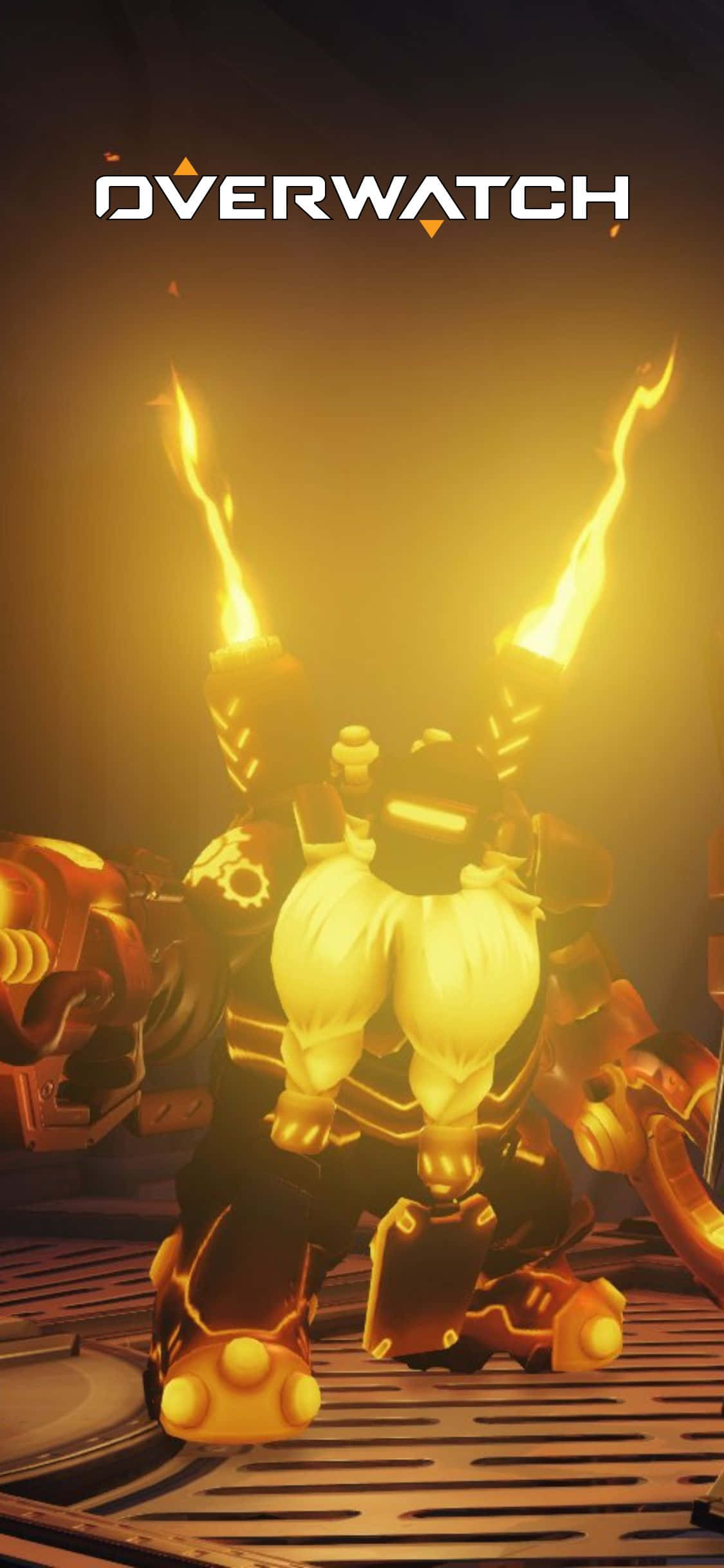 iPhone X Overwatch 桌布 壁紙 — 一個發光的《鬥陣特攻》角色站在熾熱的金色光芒中，火焰從他的拳頭噴出。