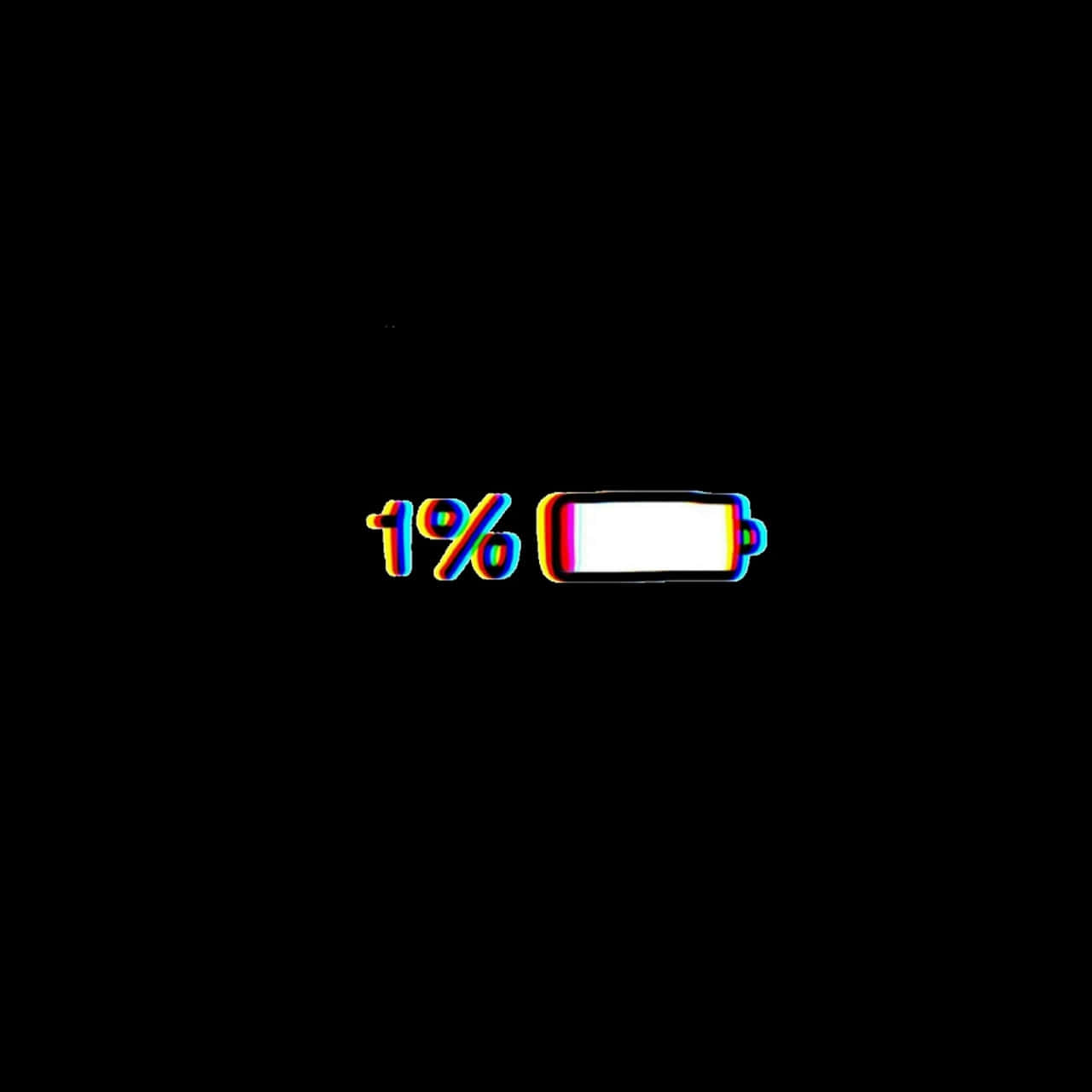 glitch art 桌布 壁紙 — 一個發光的1%電池圖示，帶有彩虹色差，在純黑色背景上脈動。