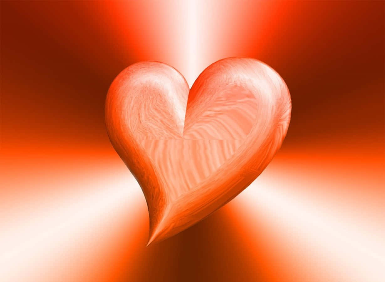 Orange Heart 桌布 壁紙 — 一個發光的3D心形，帶有旋轉的木紋紋理，在漸變紅色背景上散發出溫暖的光芒。