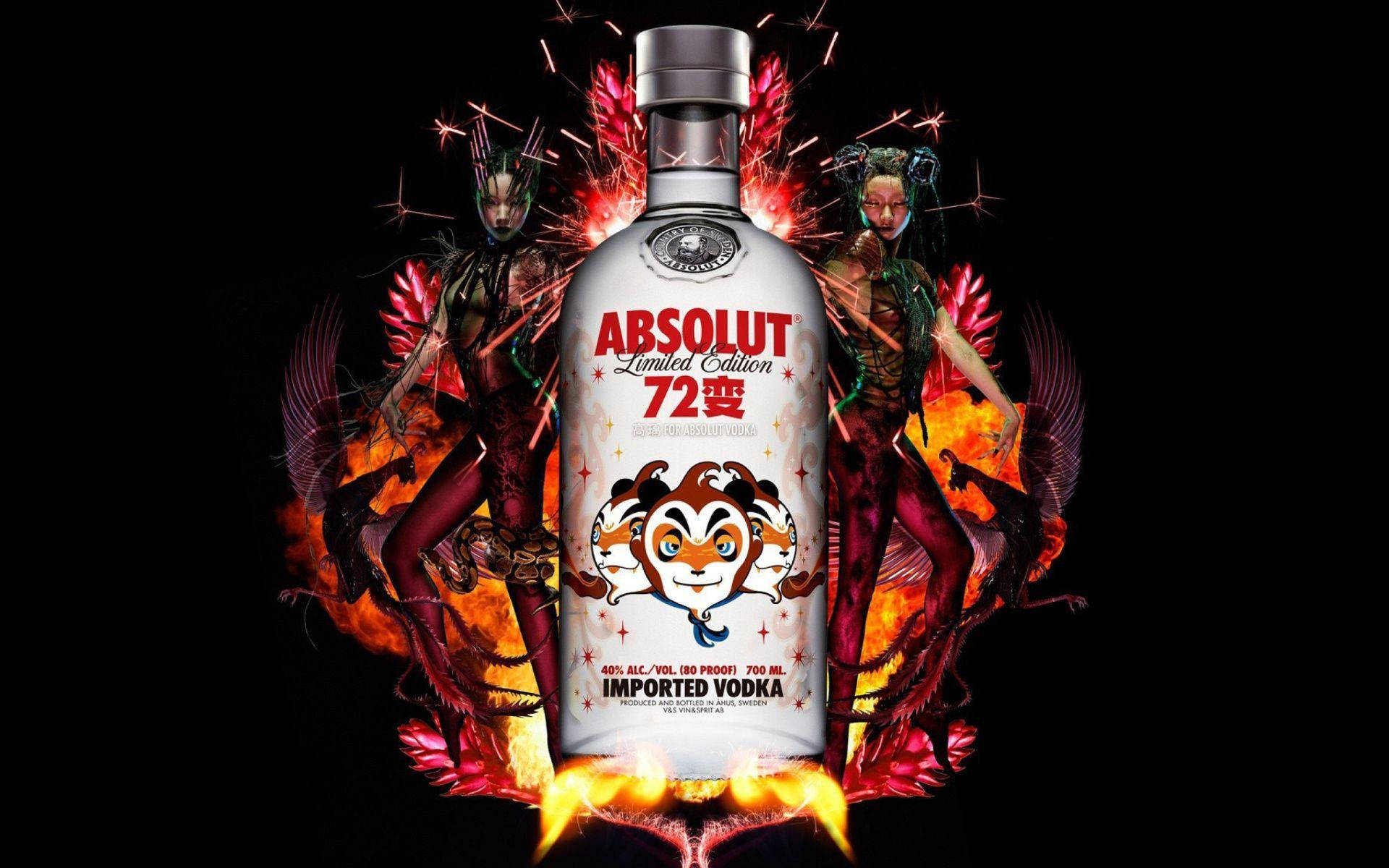 alcohol 桌布 壁紙 — 一個發光的Absolut伏特加酒瓶，被火熱的神話人物包圍，背景為黑色。