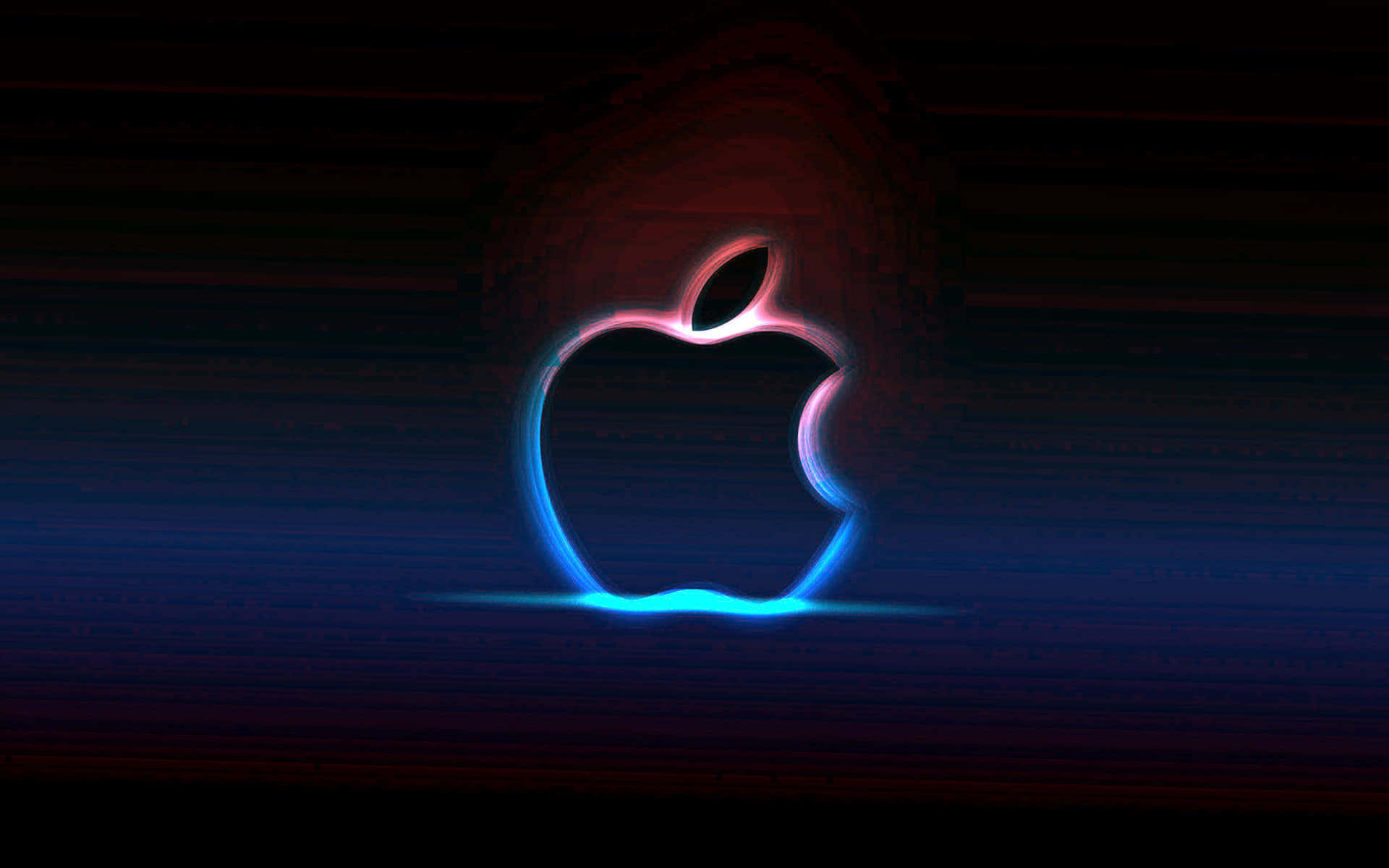 桌布 壁紙 — 一個發光的Apple標誌，以電光藍和粉紅色霓虹燈勾勒，背景為暗色故障效果。