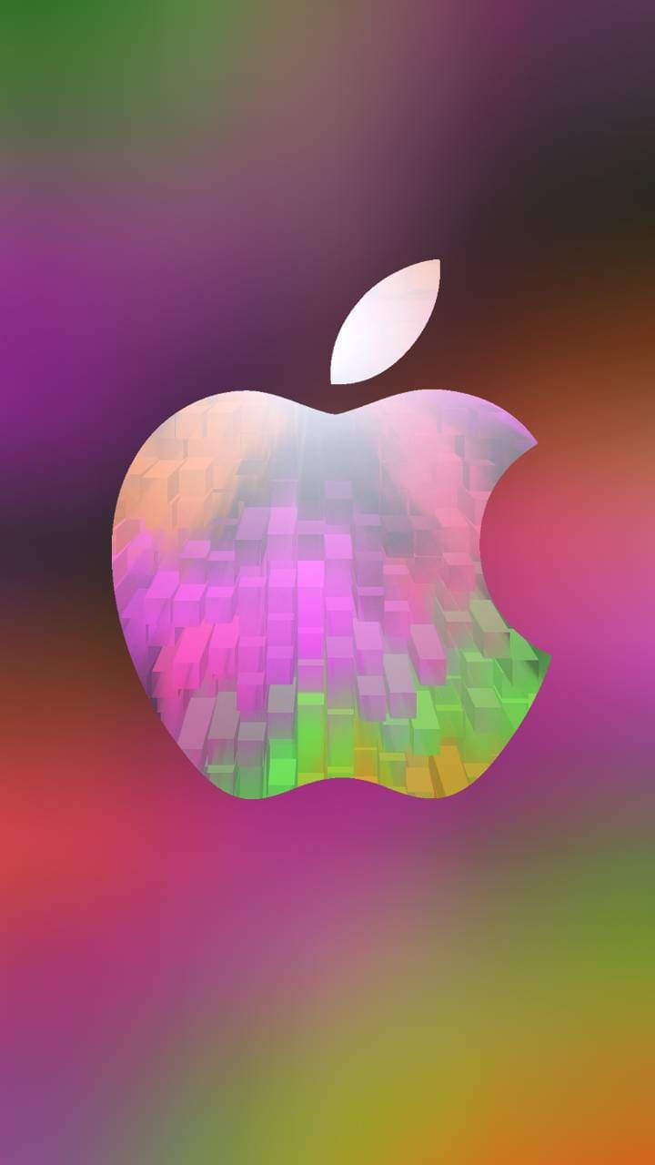 彩色動圖 桌布 壁紙 — 一個發光的Apple標誌，充滿彩色像素化立方體，背景為彩虹漸變。