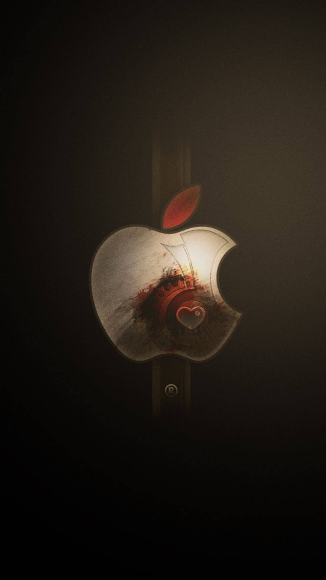 Metallic 桌布 壁紙 — 一個發光的Apple標誌，內部有紅色心形和櫻桃，置於陰暗氣氛的背景上。