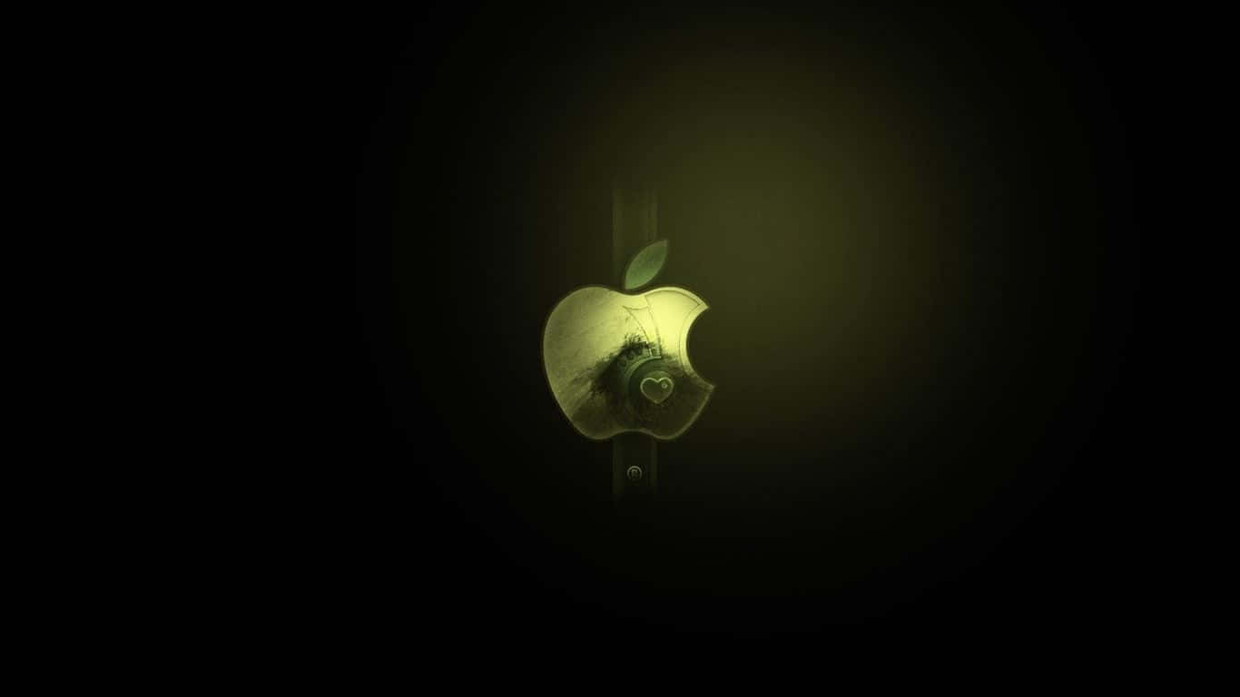 1366x768 Apple 桌布 壁紙 — 一個發光的Apple標誌，帶有咬痕和葉子，在黑暗背景上被照亮。