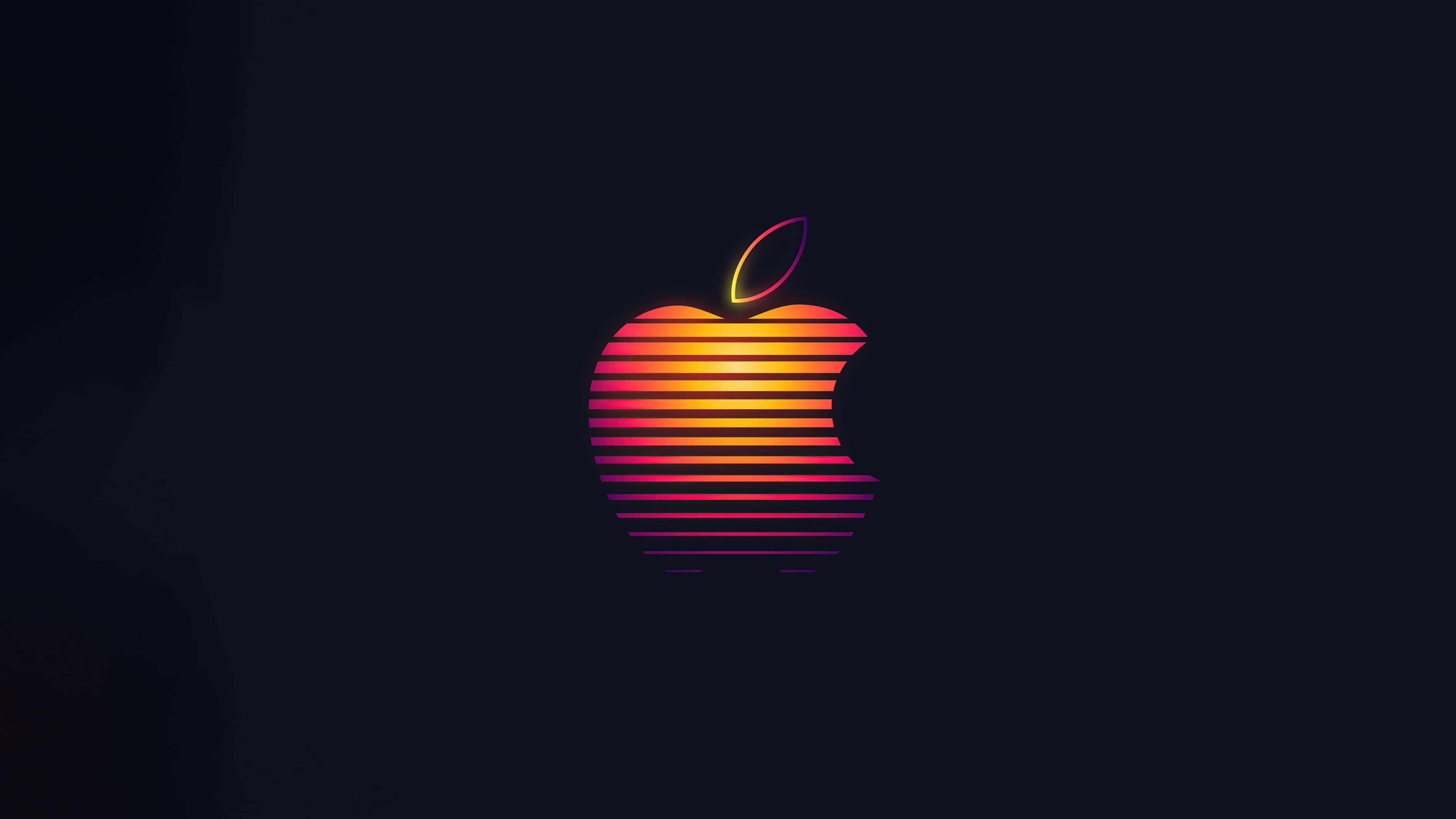 Apple 4K 桌布 壁紙 — 一個發光的Apple標誌，帶有水平彩虹條紋，在黑暗背景上散發溫暖。