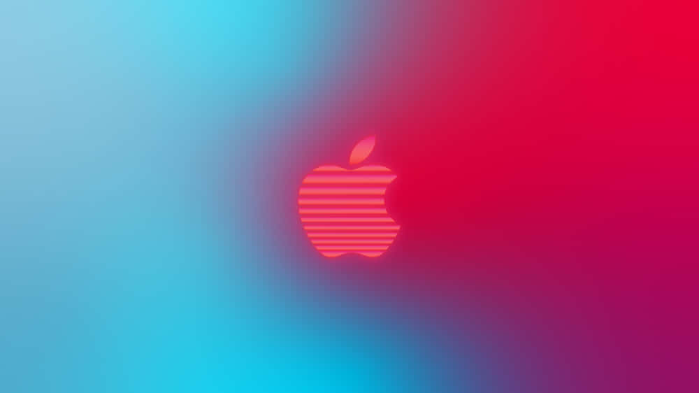 4K Apple 桌布 壁紙 — 一個發光的Apple標誌，帶有水平條紋，居中在從青色漸變到洋紅色的背景上。