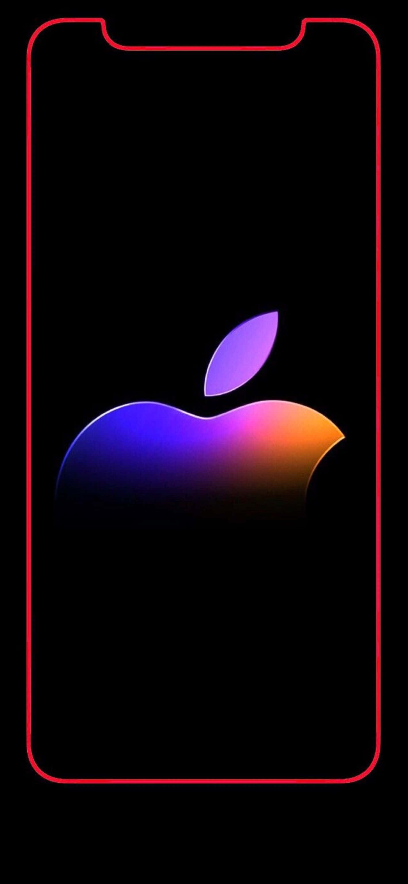 iPhone X Apple Logo 桌布 壁紙 — 一個發光的Apple標誌，帶有紫色和橙色漸變，在黑色手機螢幕上，紅色輪廓。