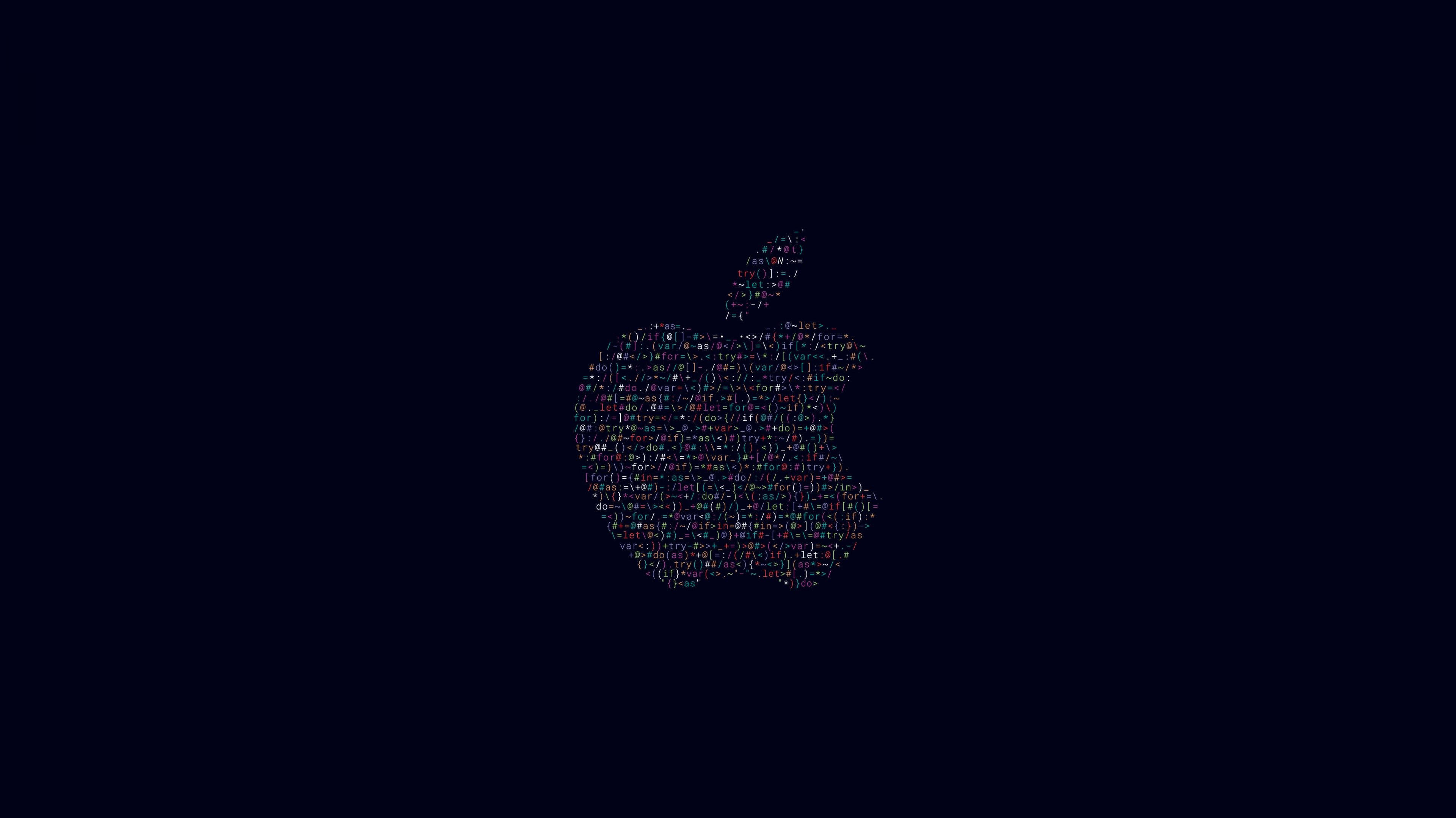 蘋果標誌 桌布 壁紙 — 一個發光的Apple標誌，由彩色代碼字元在深色背景上形成。