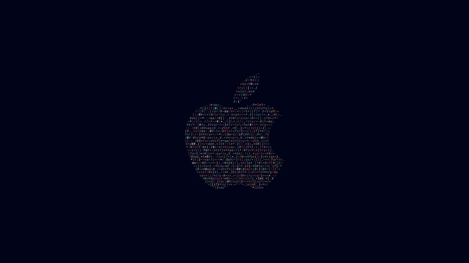 標誌 桌布 壁紙 — 一個發光的Apple標誌，由彩色程式碼片段在深色背景上形成。