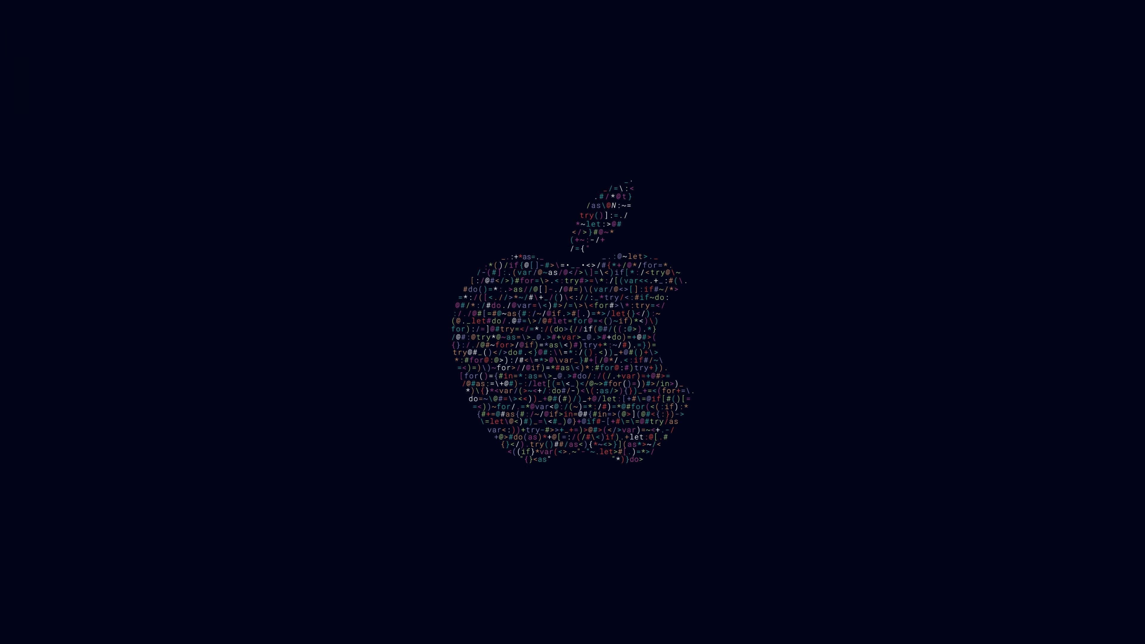 蘋果標誌 桌布 壁紙 — 一個發光的Apple標誌，由彩色代碼字元在深色背景上形成。