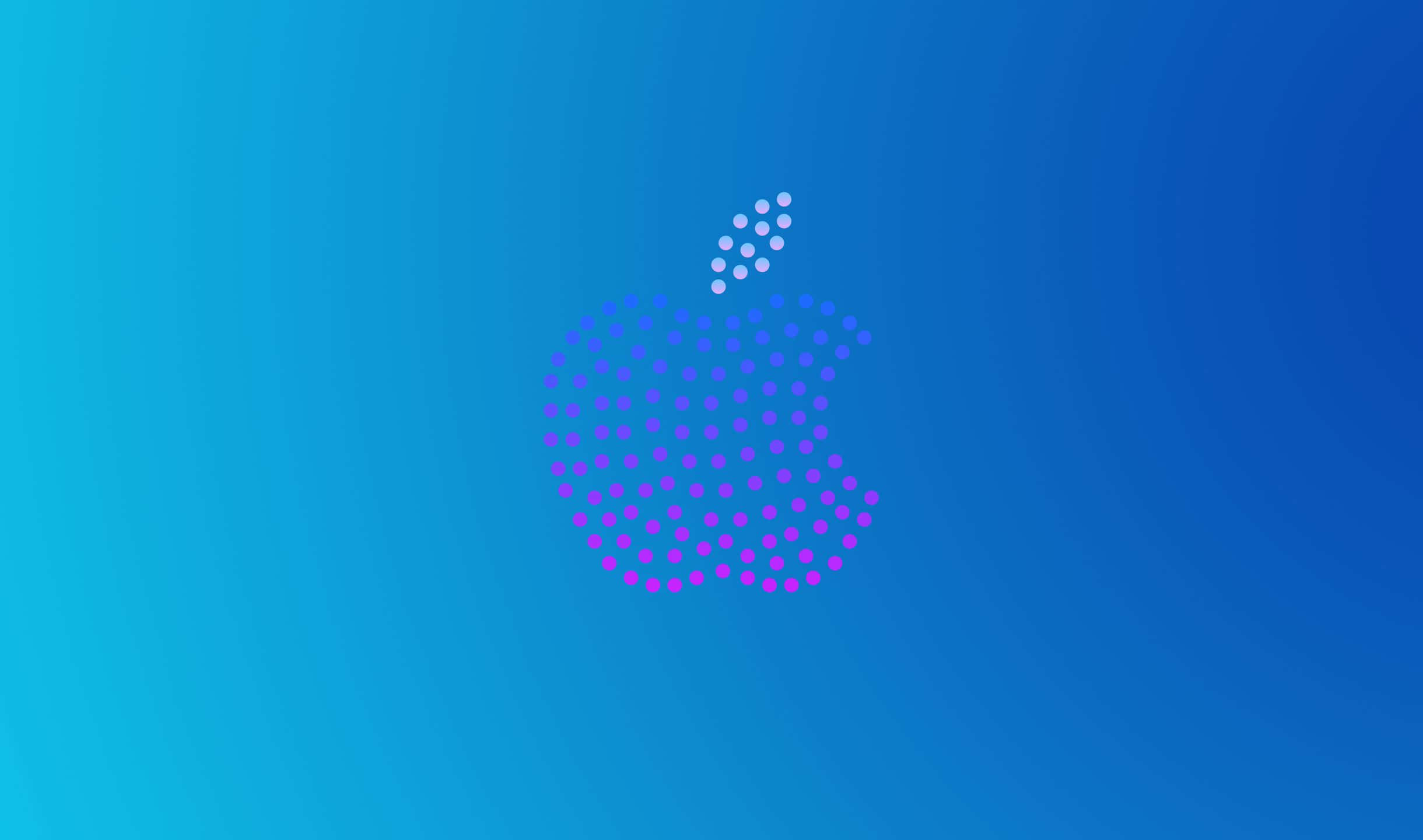 漸層 桌布 壁紙 — 一個發光的Apple標誌，由紫色漸變點組成，居中於藍色漸變背景上。