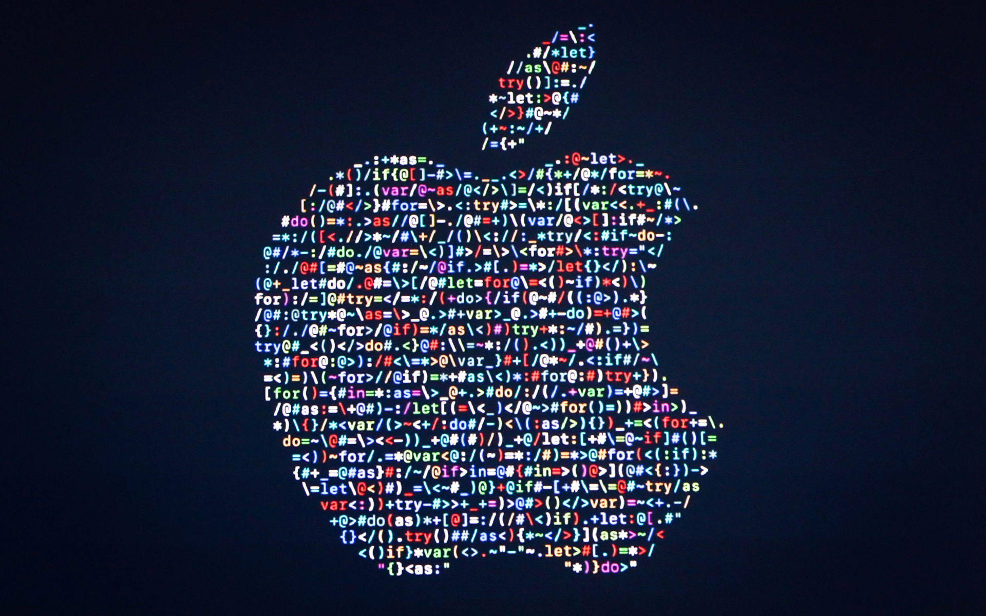 蘋果標誌 桌布 壁紙 — 一個發光的Apple標誌，由色彩繽紛的瀑布式程式碼在深色背景上形成。