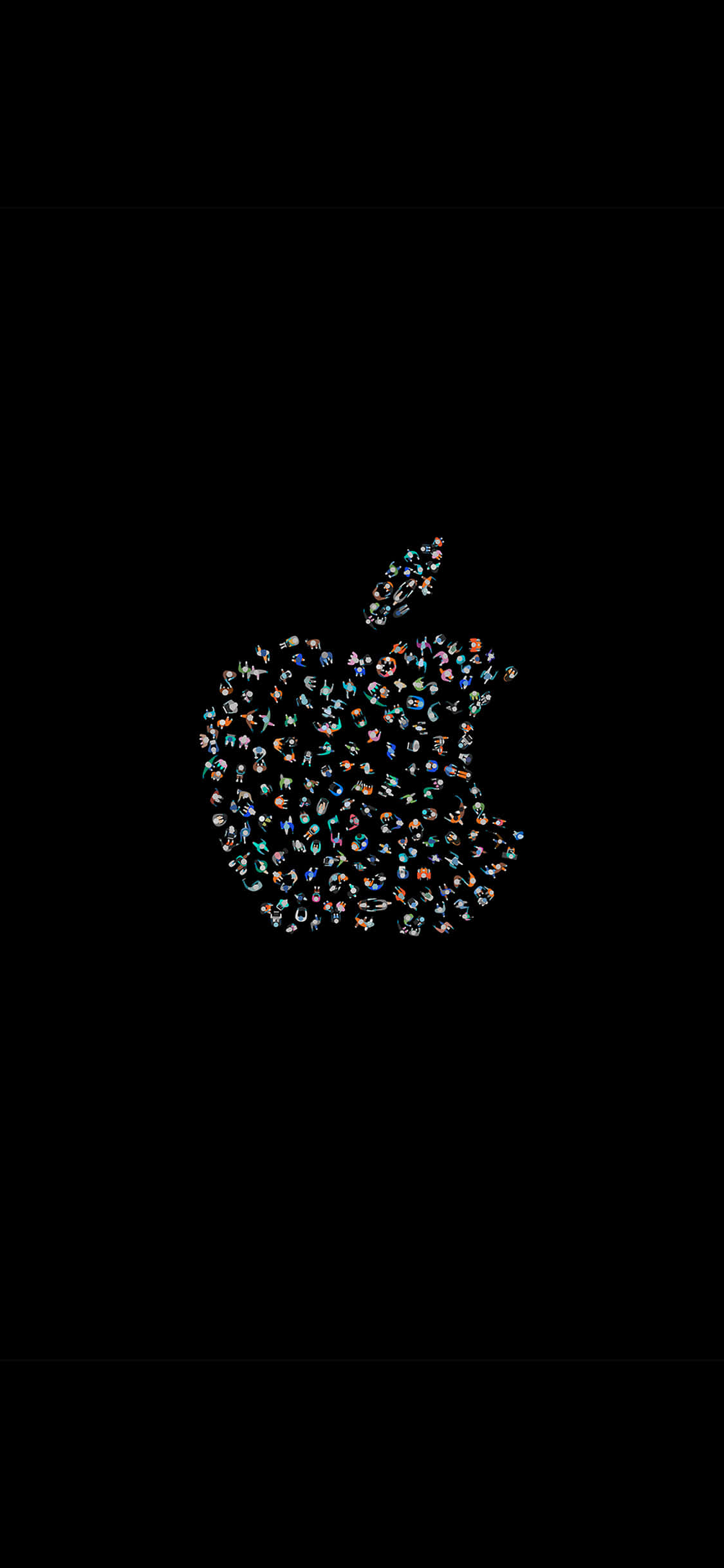 黑色 iPhone 桌布 桌布 壁紙 — 一個發光的Apple標誌，由色彩繽紛的應用程式圖示在純黑色背景上形成。