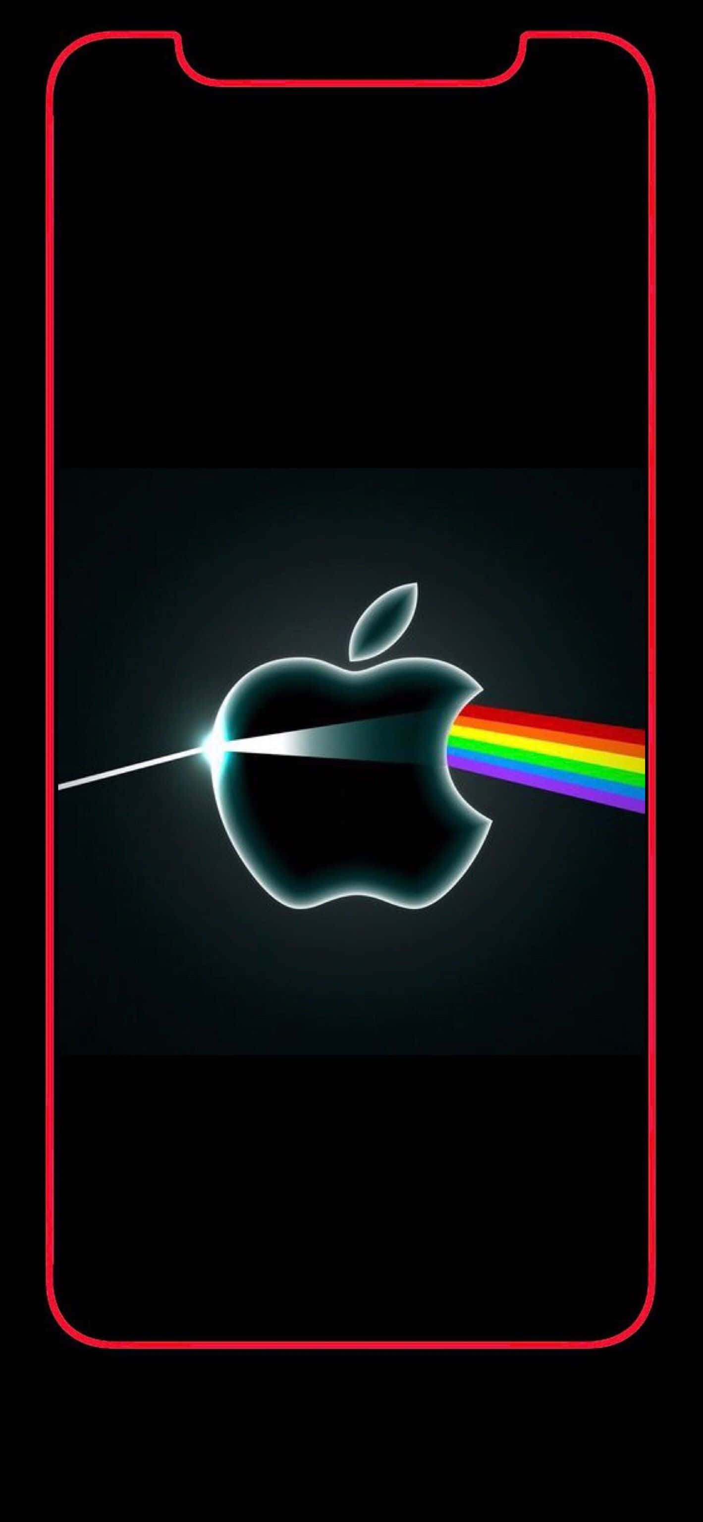 iPhone X Apple Logo 桌布 壁紙 — 一個發光的Apple標誌在黑暗背景上發出彩虹棱鏡效果，並由紅色電話輪廓框住。