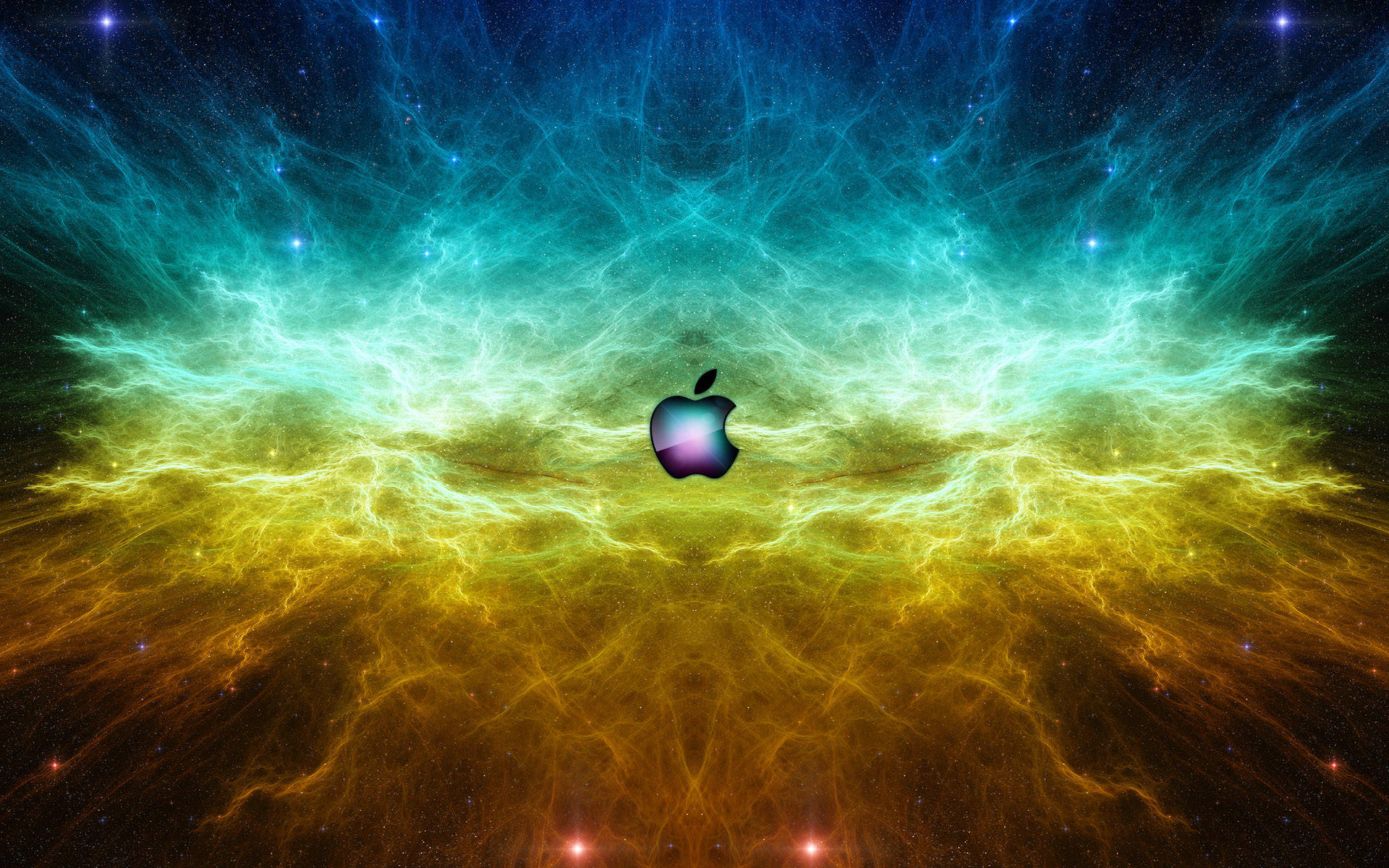 Mac 桌布 壁紙 — 一個發光的Apple標誌漂浮在充滿活力的宇宙星雲中心，電光藍、綠和金色的捲鬚在其周圍旋轉。