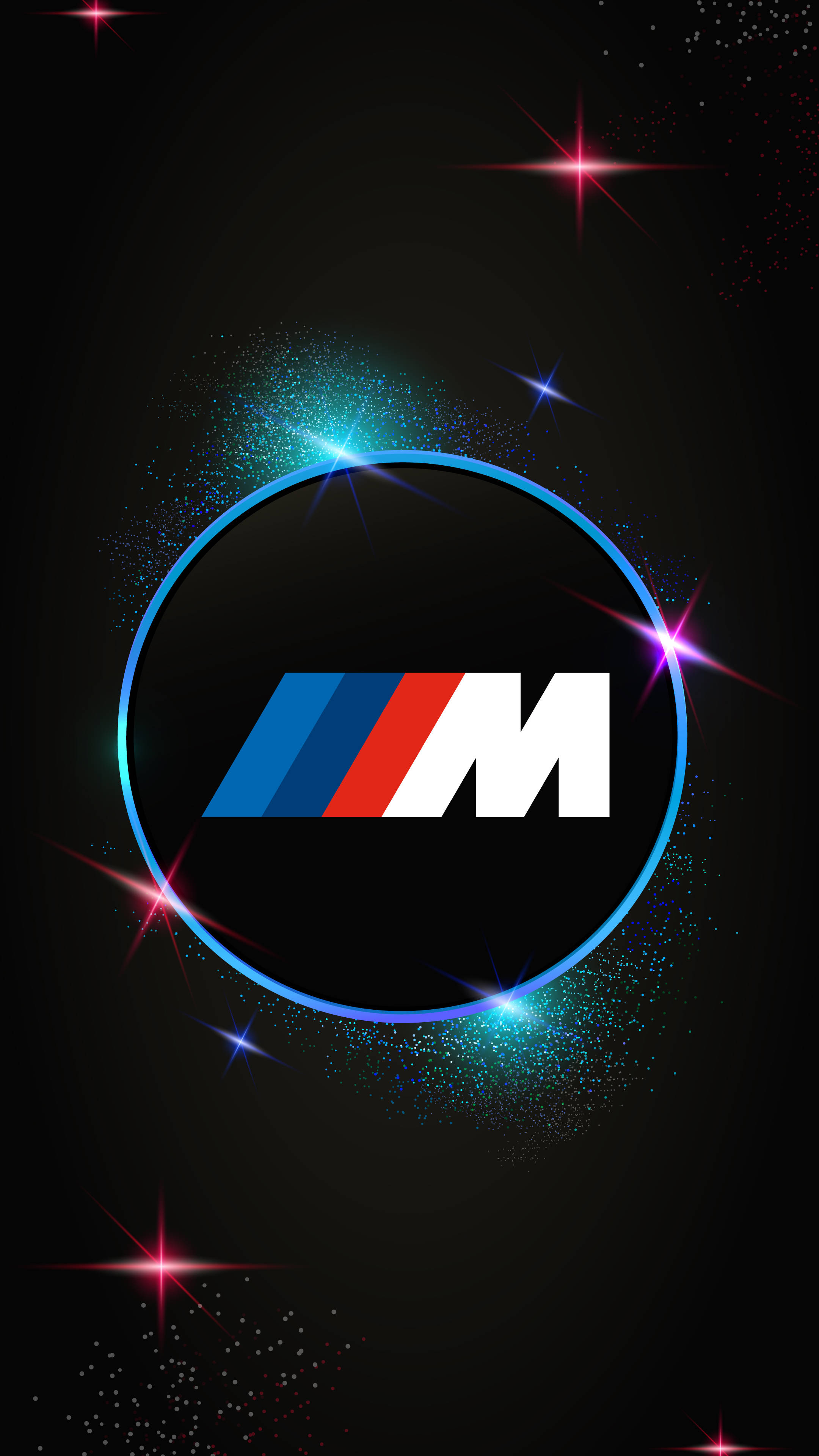 BMW 動圖 桌布 壁紙 — 一個發光的BMW M標誌在圓圈內，被閃爍星星和宇宙閃粉環繞，背景為黑色。