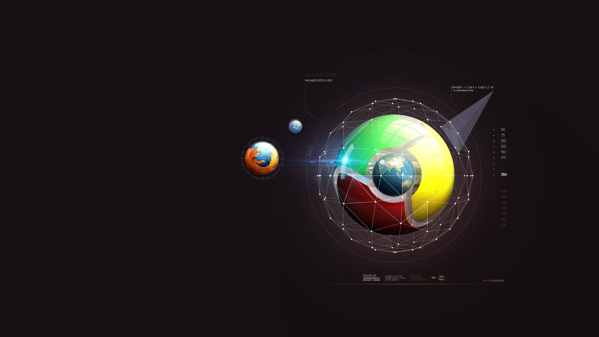 Software 桌布 壁紙 — 一個發光的Chrome瀏覽器圖示，內含地球儀，被資料線和一個較小的Firefox圖示包圍，背景為深色。