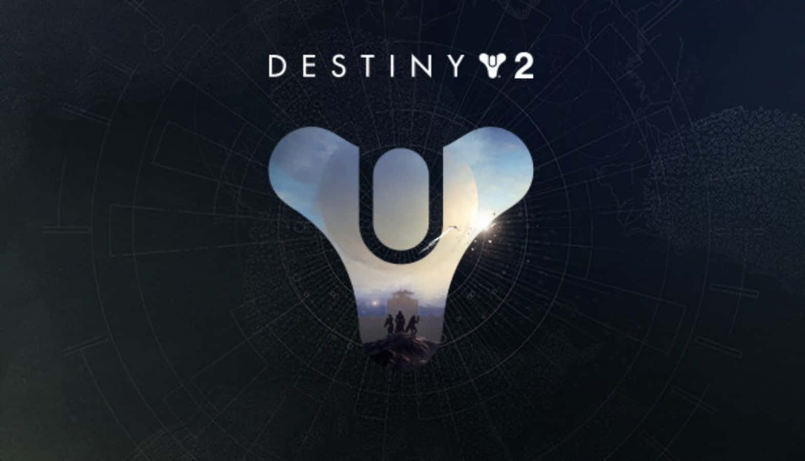 電玩遊戲 桌布 壁紙 — 一個發光的Destiny 2標誌，形狀像'Y'，剪影人物站在懸崖上，背景是明亮的天空。