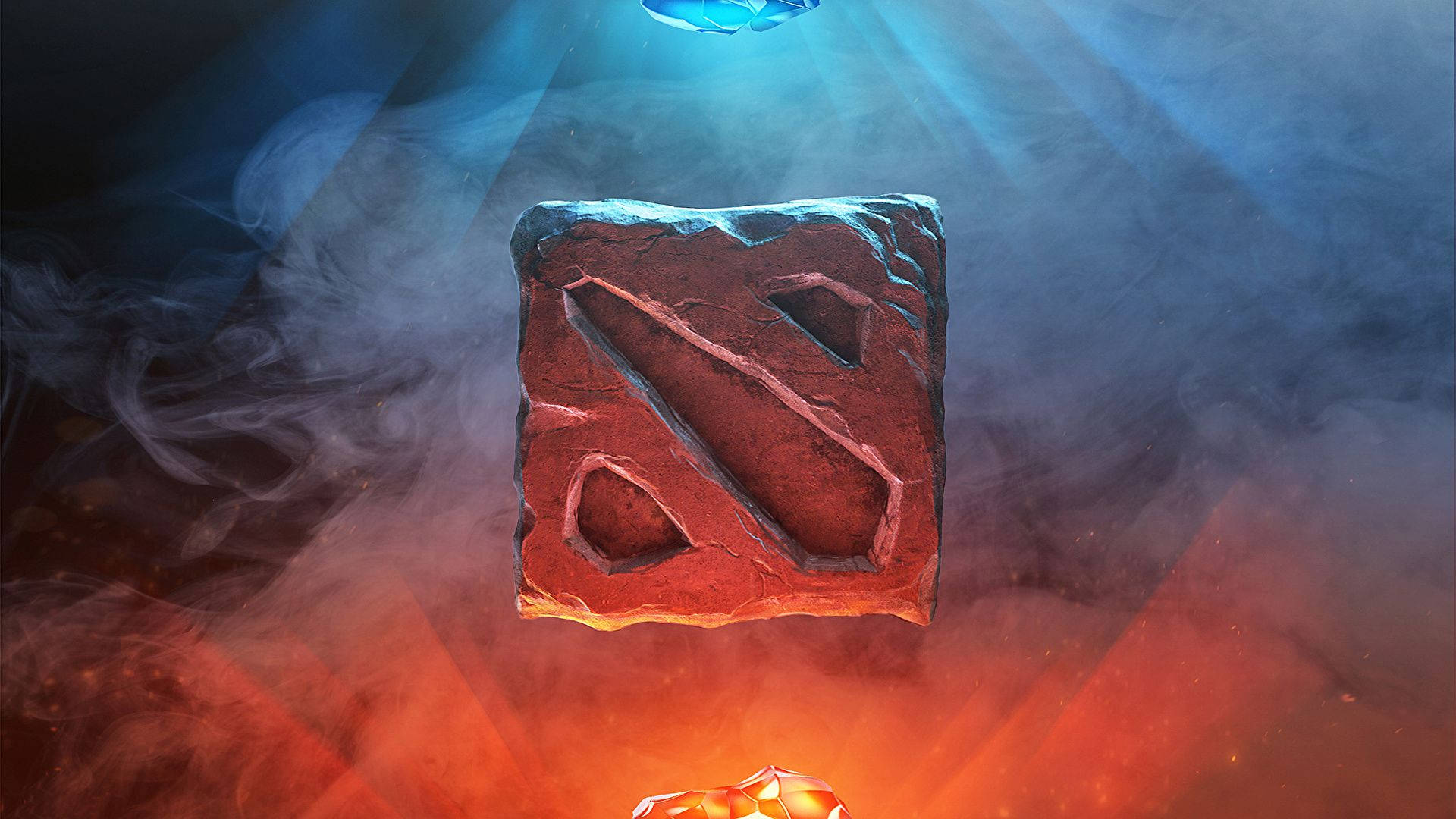 電玩遊戲 桌布 壁紙 — 一個發光的Dota 2標誌雕刻在石頭上，在戲劇性的燈光下漂浮在旋轉的藍色和橙色煙霧中。