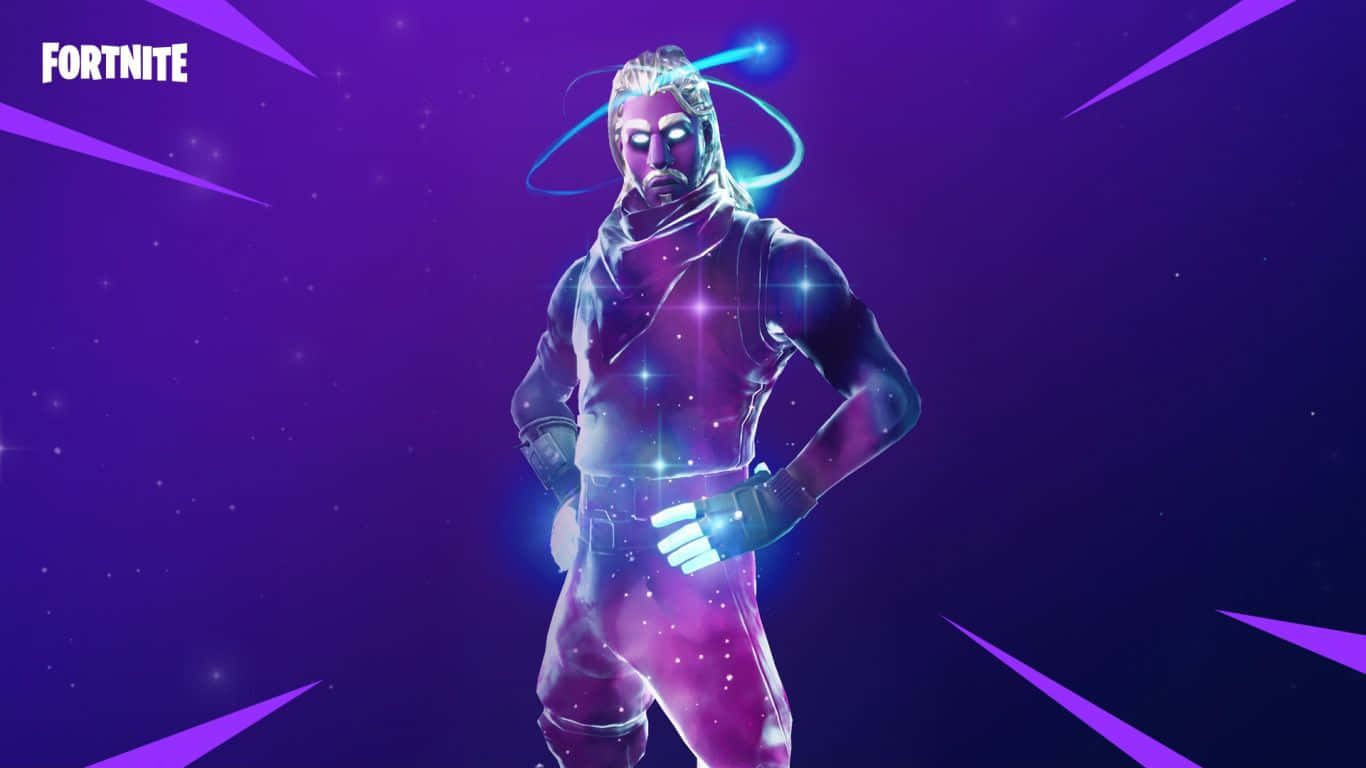 桌布 壁紙 — 一個發光的Fortnite角色自信地站在帶有星爆和輻射光效的宇宙紫色背景前。