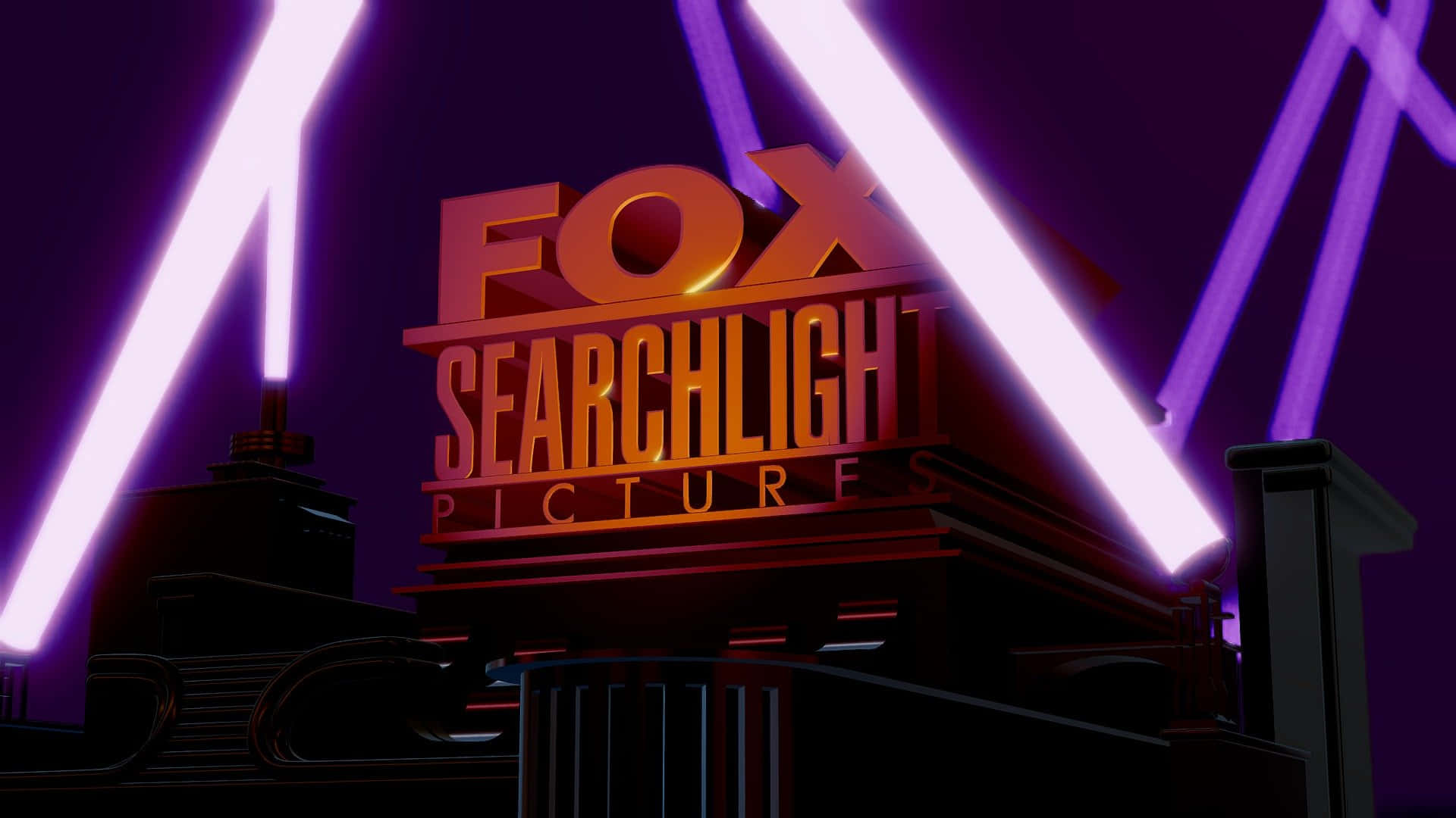 標誌 桌布 壁紙 — 一個發光的Fox Searchlight Pictures標誌，在黑暗背景下被鮮豔的紫色和白色霓虹光束照亮。