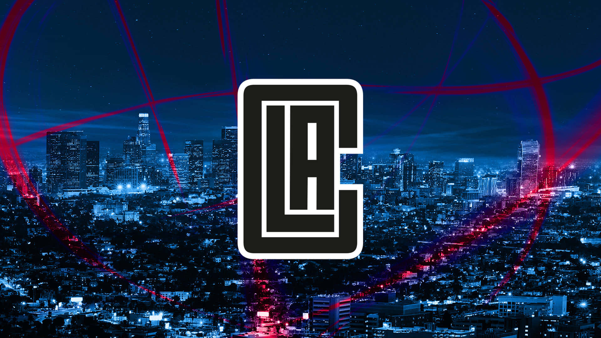 NBA 桌布 壁紙 — 一個發光的LA標誌主導了未來主義的夜間城市景觀，霓虹紅色的雷射光束在天際線上縱橫交錯。