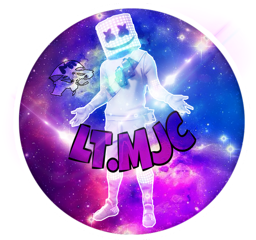 Marshmello 動態圖 桌布 壁紙 — 一個發光的Marshmello人物站在充滿活力的宇宙場景中，旁邊有一隻小狗和粗體紫色文字。