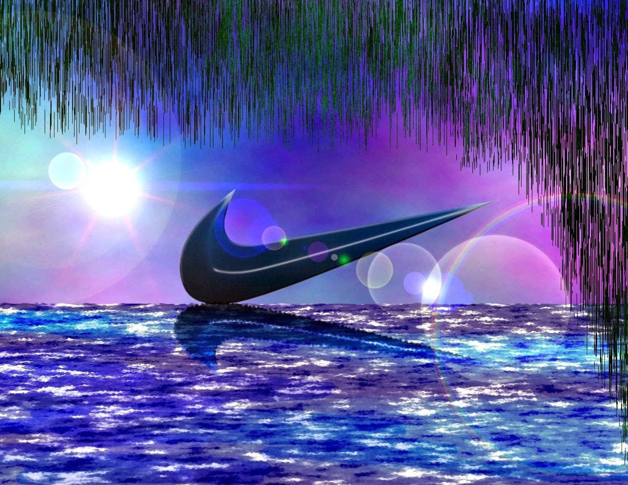 Nike 桌布 壁紙 — 一個發光的Nike勾勾在閃爍的藍色海洋上寧靜地漂浮，上方是超現實的紫色天空，懸掛著綠色藤蔓。