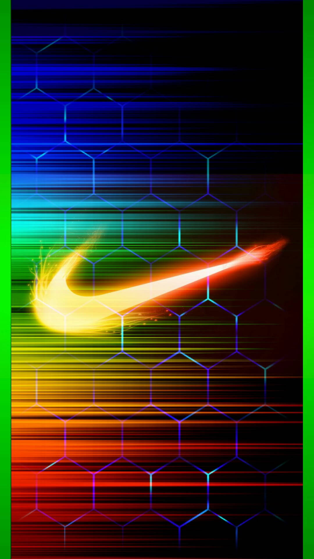 Nike iPhone 桌布 壁紙 — 一個發光的Nike勾號橫跨充滿活力的彩虹漸變六邊形網格，帶有霓虹綠色邊框。