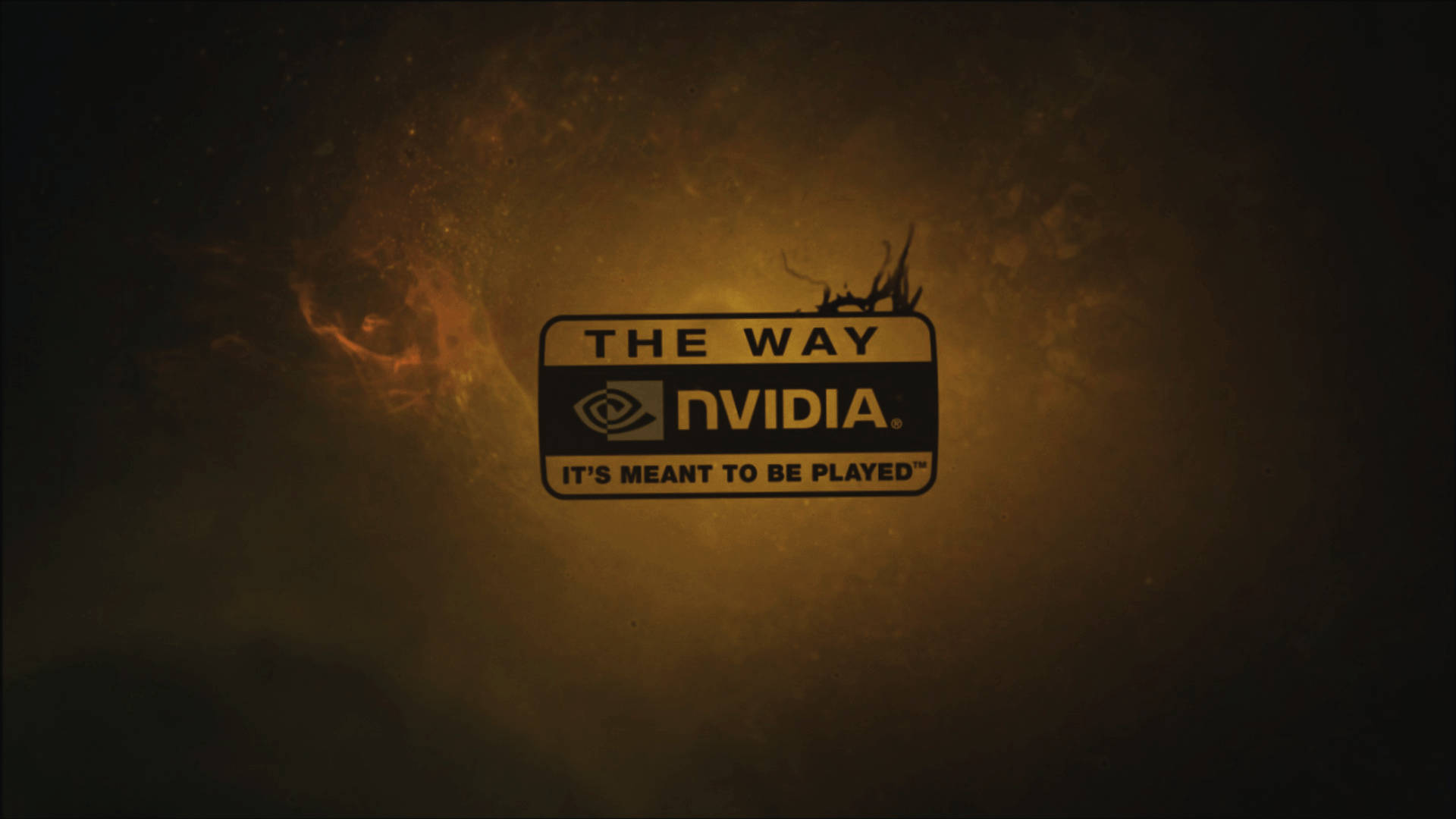 筆電 桌布 壁紙 — 一個發光的NVIDIA標誌，帶有'THE WAY'和'IT'S MEANT TO BE PLAYED'文字，背景是火熱的橙色和黑色宇宙背景。