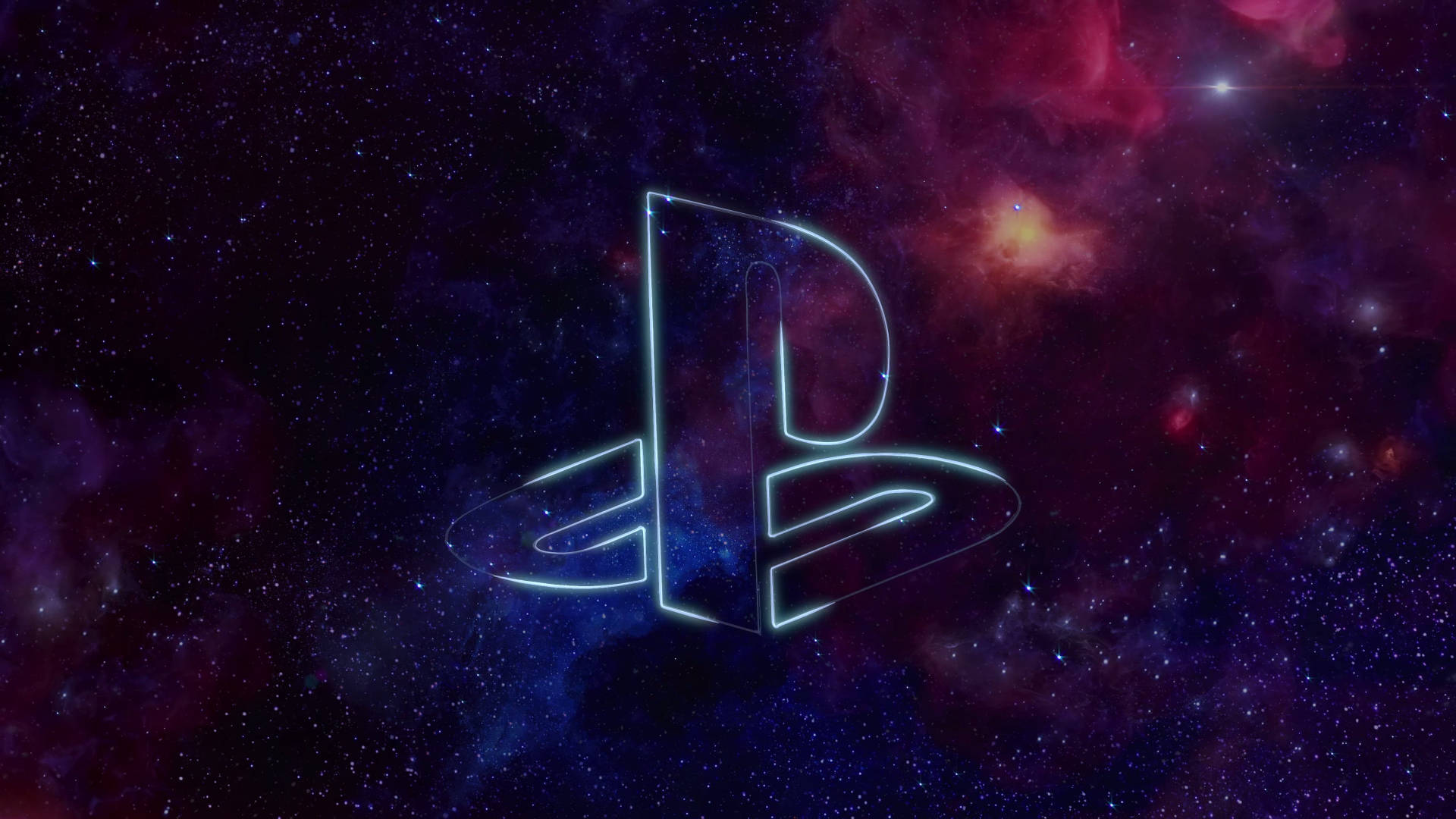 霓虹紫 桌布 壁紙 — 一個發光的PlayStation標誌漂浮在充滿星星和旋轉的紅色、藍色和紫色雲彩的充滿活力的宇宙星雲中。