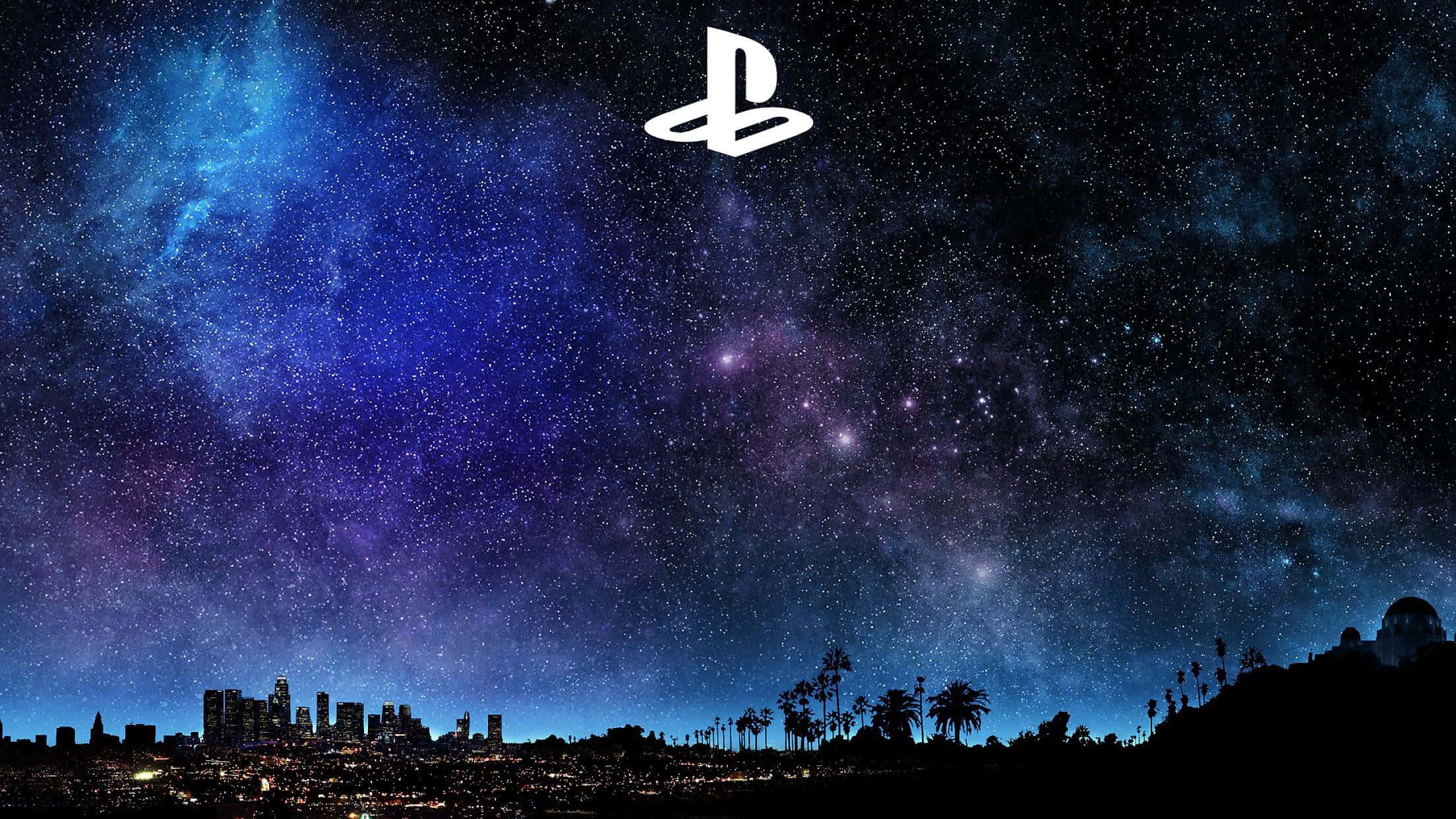 PlayStation 桌布 壁紙 — 一個發光的PlayStation標誌漂浮在星空夜空之上，下方是棕櫚樹和天文台圓頂的城市景觀。