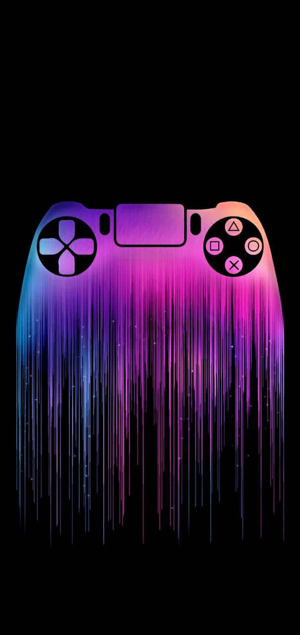 玩家 桌布 壁紙 — 一個發光的PlayStation控制器在黑色背景上滴落著充滿活力的紫色和藍色霓虹條紋。