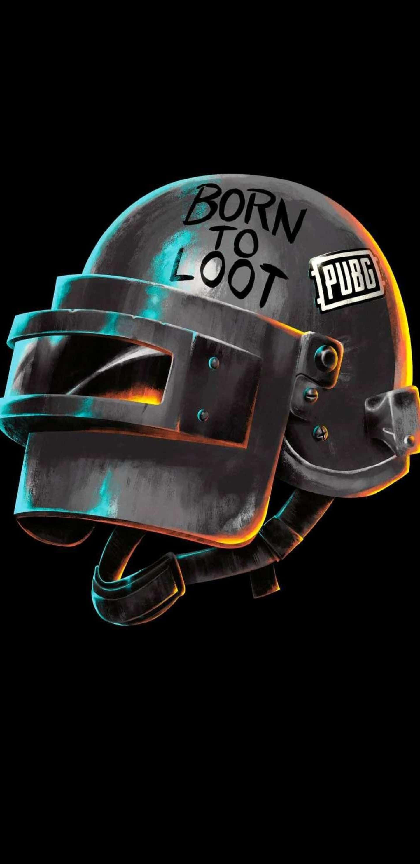 絕地求生 桌布 壁紙 — 一個發光的PUBG頭盔，上面有「BORN TO LOOT」塗鴉，背景為黑色。