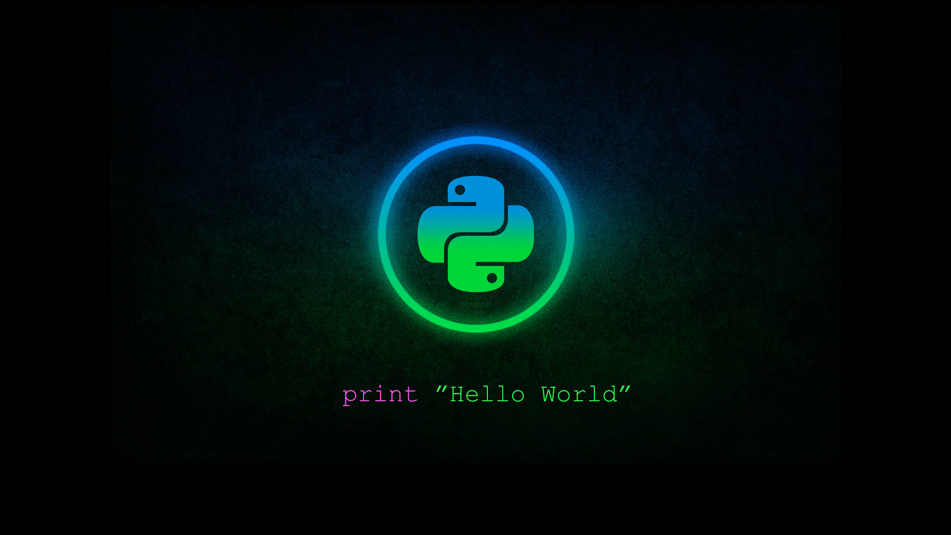 4K程式壁紙 桌布 壁紙 — 一個發光的Python標誌，帶有霓虹藍和綠色漸變圓圈，背景為深色紋理，下方有文字 print Hello World。