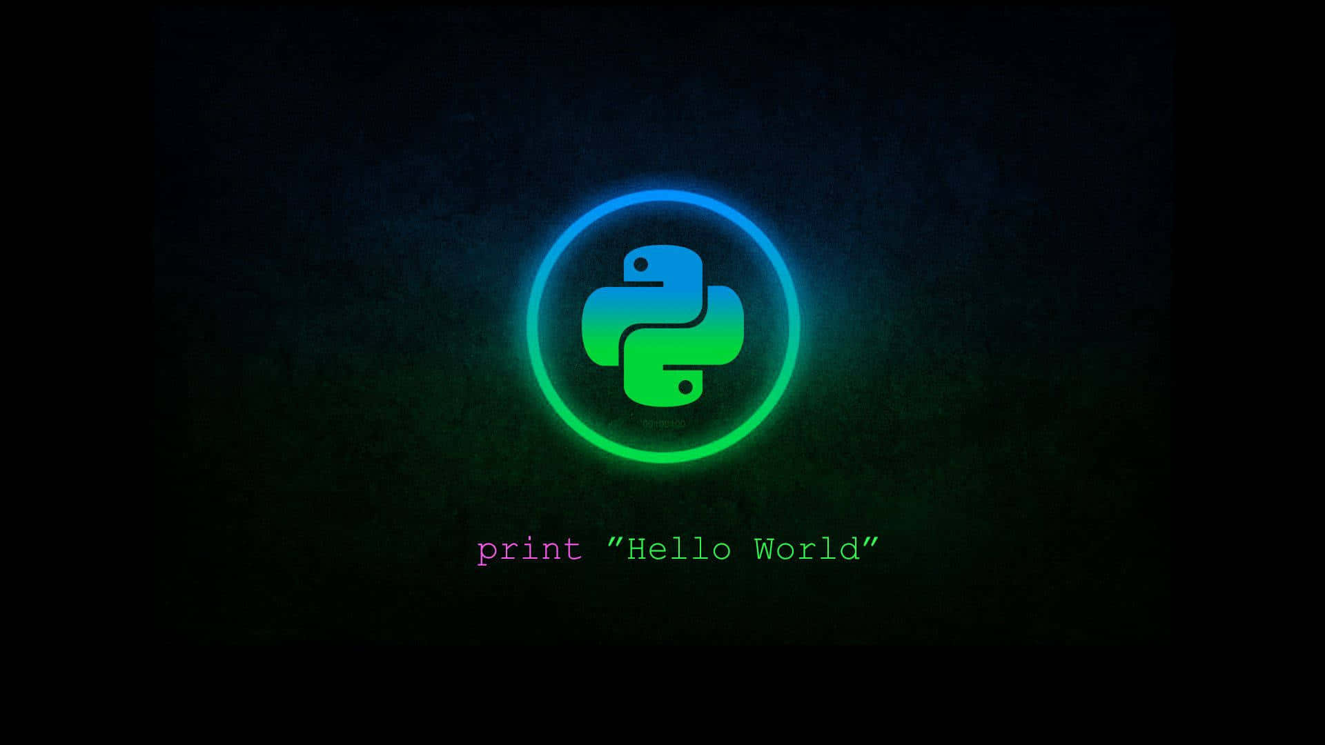 程式設計 桌布 壁紙 — 一個發光的Python標誌，帶有霓虹藍和綠色調，居中在深色紋理背景上，下方有print Hello World文字。