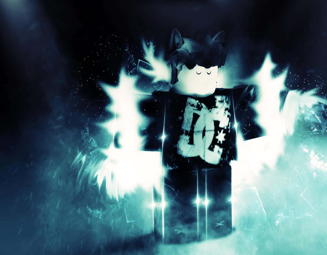 Cute Roblox 桌布 壁紙 — 一個發光的Roblox頭像，帶有貓耳，在黑暗煙霧背景中散發出明亮的青色能量。