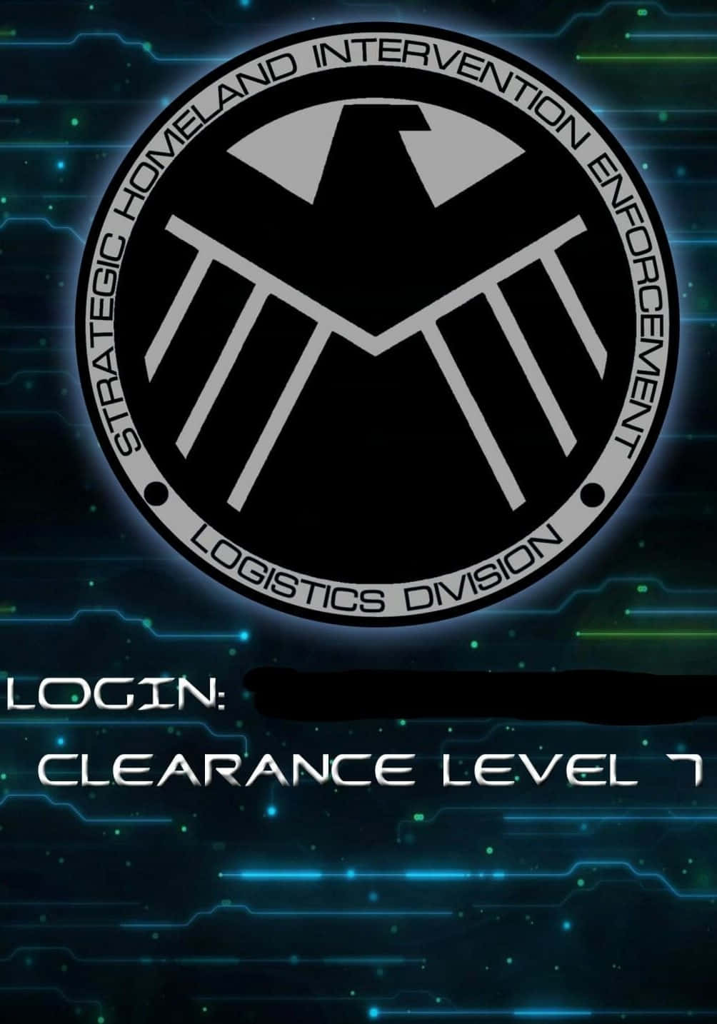 全境封鎖2 桌布 壁紙 — 一個發光的SHIELD標誌，上面有「Logistics Division」和「Clearance Level 7」，背景是數位電路。