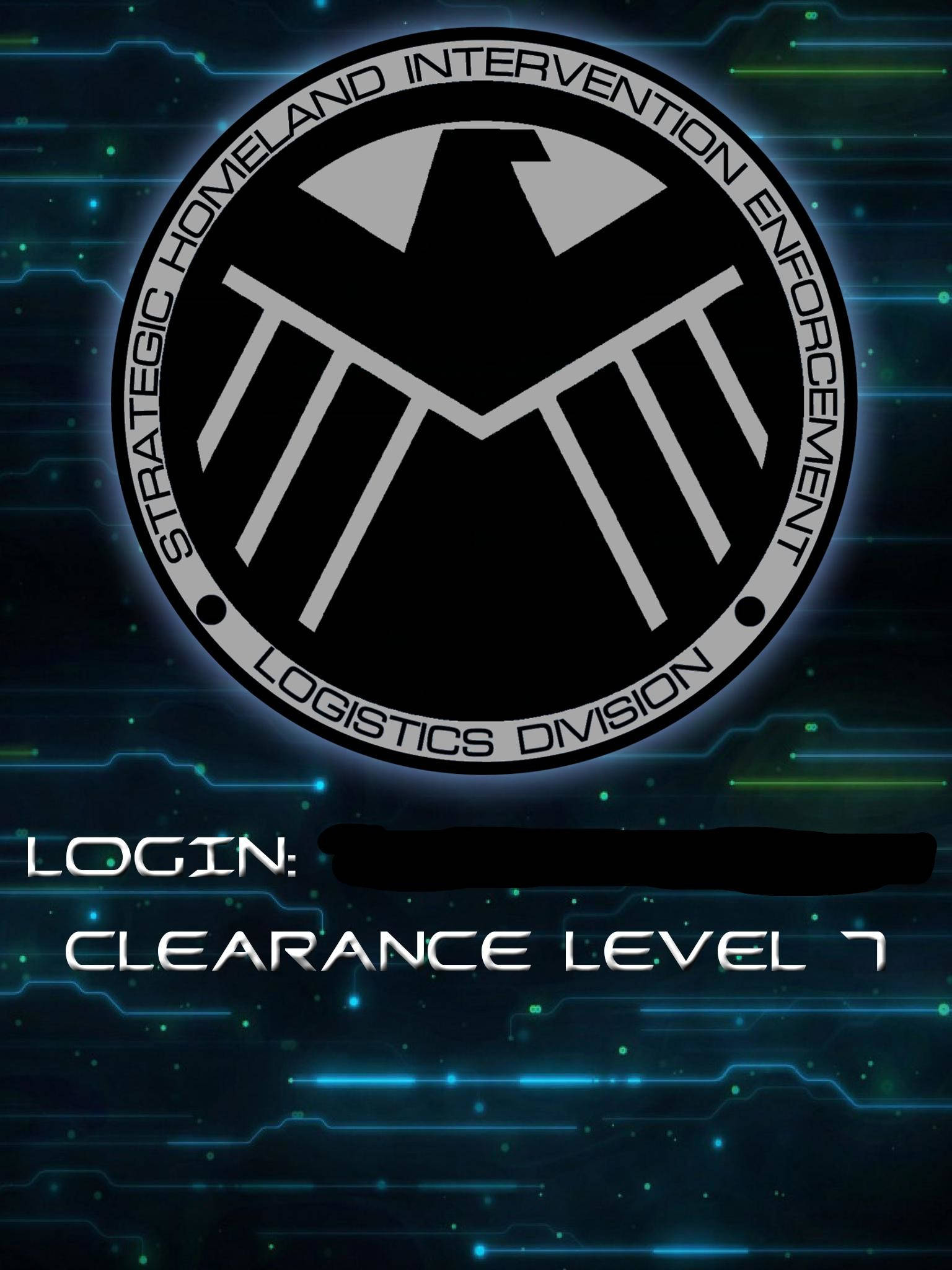 Avengers Phone 桌布 壁紙 — 一個發光的SHIELD標誌，代表Strategic Homeland Intervention Enforcement Logistics Division，設置在深色數位電路背景上，帶有登入許可文字。