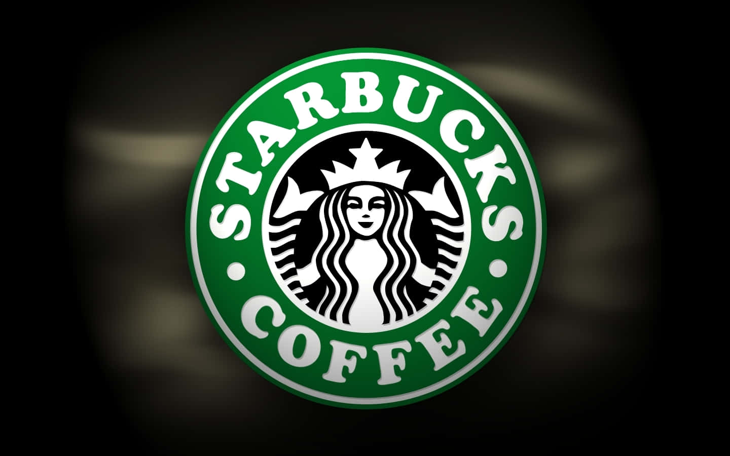 星巴克 桌布 壁紙 — 一個發光的Starbucks標誌，採用綠色和白色的圓形設計，置於模糊的深色背景中央。