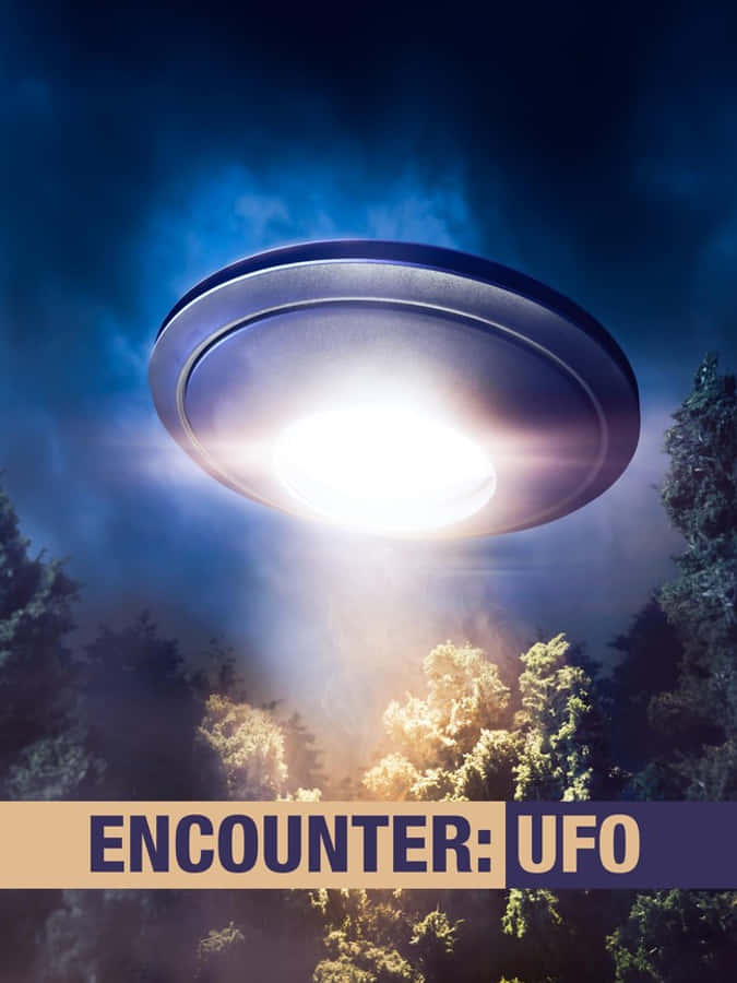 幽浮 桌布 壁紙 — 一個發光的UFO在夜間懸浮在森林上空，將明亮的光線投射到下面的樹木上。