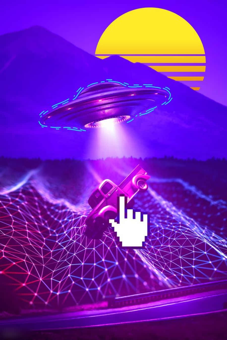 Vibey 桌布 壁紙 — 一個發光的UFO懸浮在一輛像素化卡車上方，卡車位於霓虹網格上，背景是紫色山脈和黃色太陽。