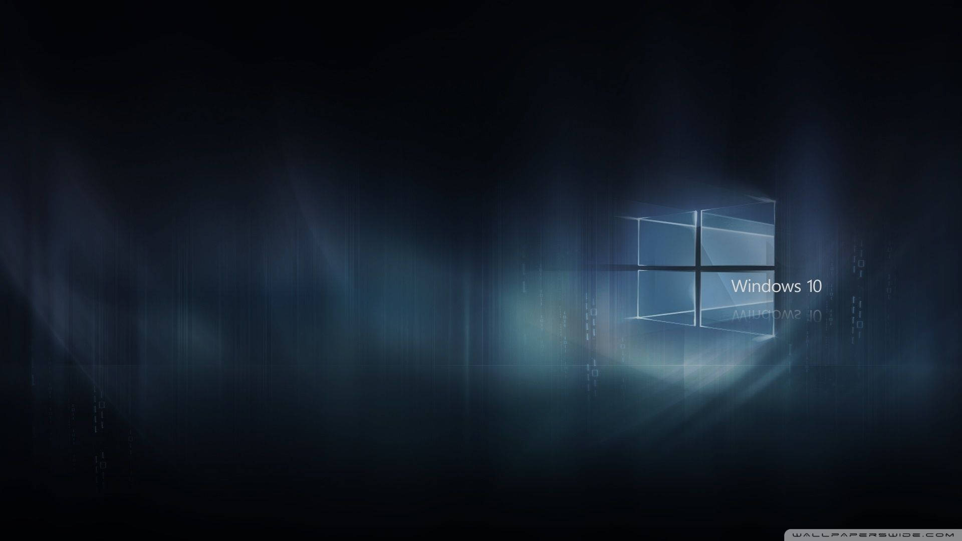Windows 10 高畫質 桌布 壁紙 — 一個發光的Windows 10標誌在帶有微妙粒子效果的深色數位背景上閃耀著藍光。