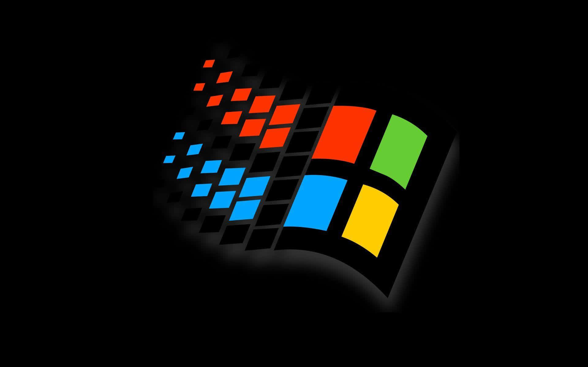 Windows 95 動態圖 桌布 壁紙 — 一個發光的Windows標誌，帶有紅色、綠色、藍色和黃色的窗格，從黑色背景中浮現，伴隨著像素化的光軌。