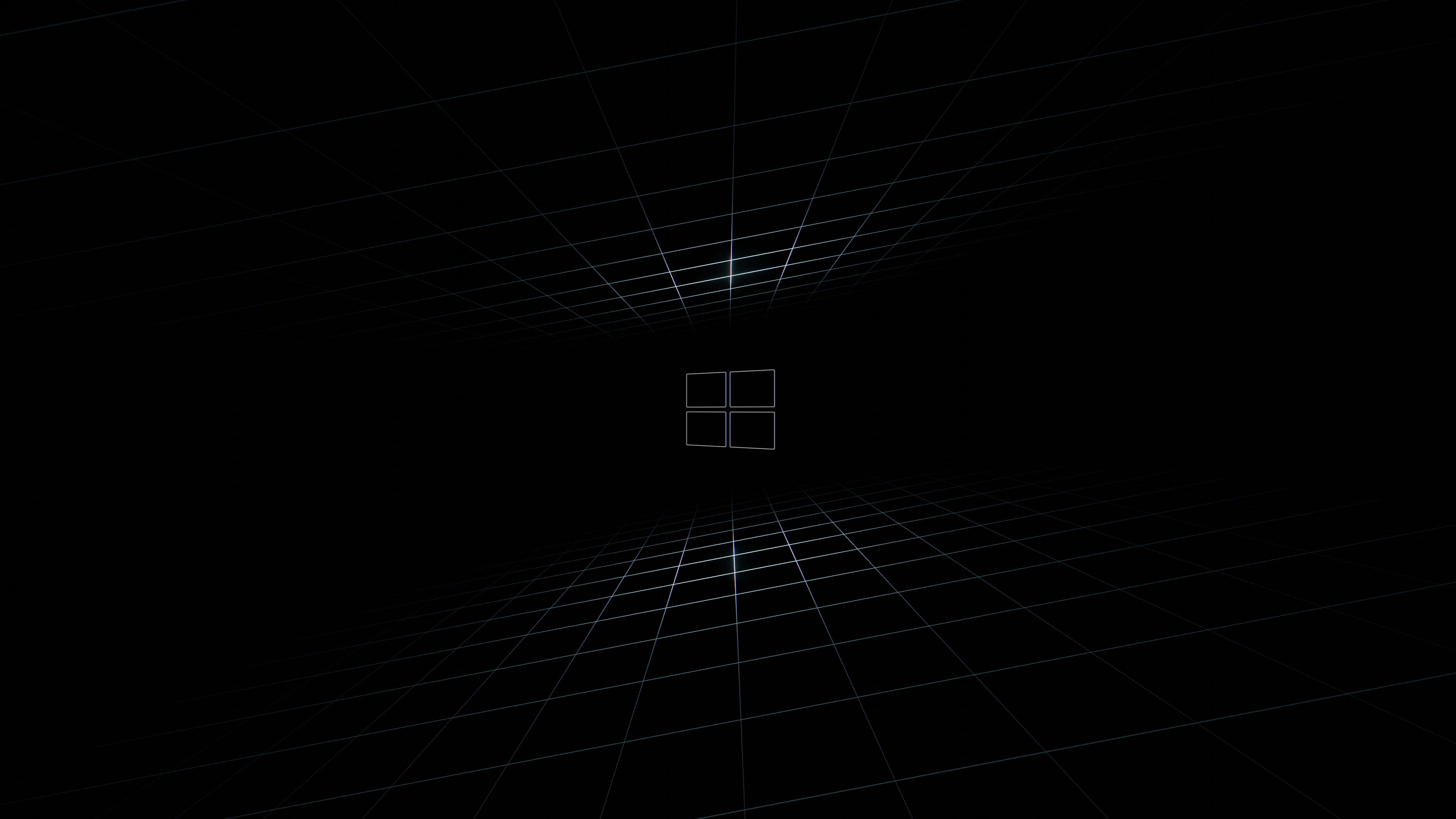Black Windows 桌布 壁紙 — 一個發光的Windows標誌位於黑暗的數位網格隧道中央，延伸至無限遠。