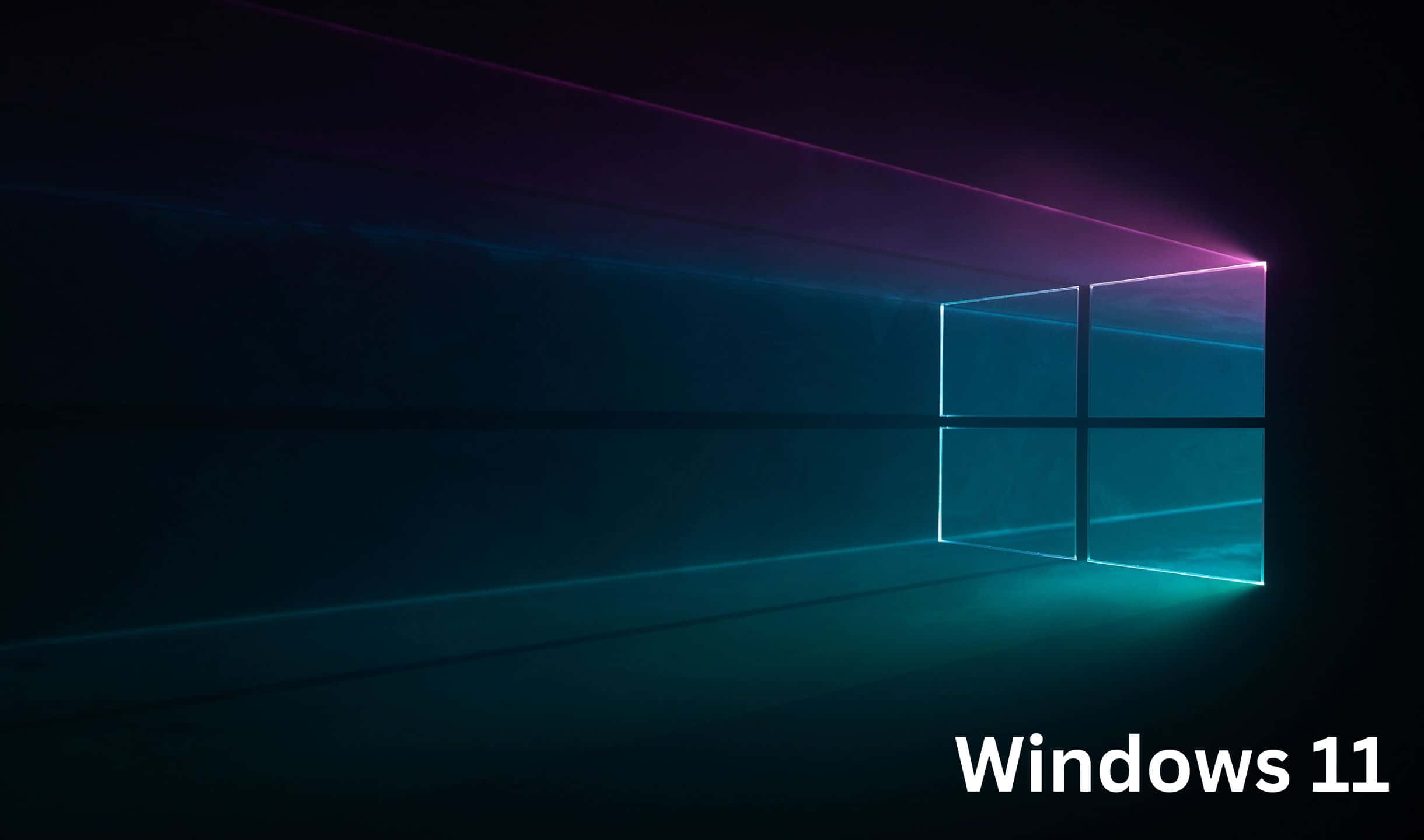 Windows 11 桌布 壁紙 — 一個發光的Windows標誌在黑暗的抽象數位空間中發出充滿活力的青色和洋紅色光束。