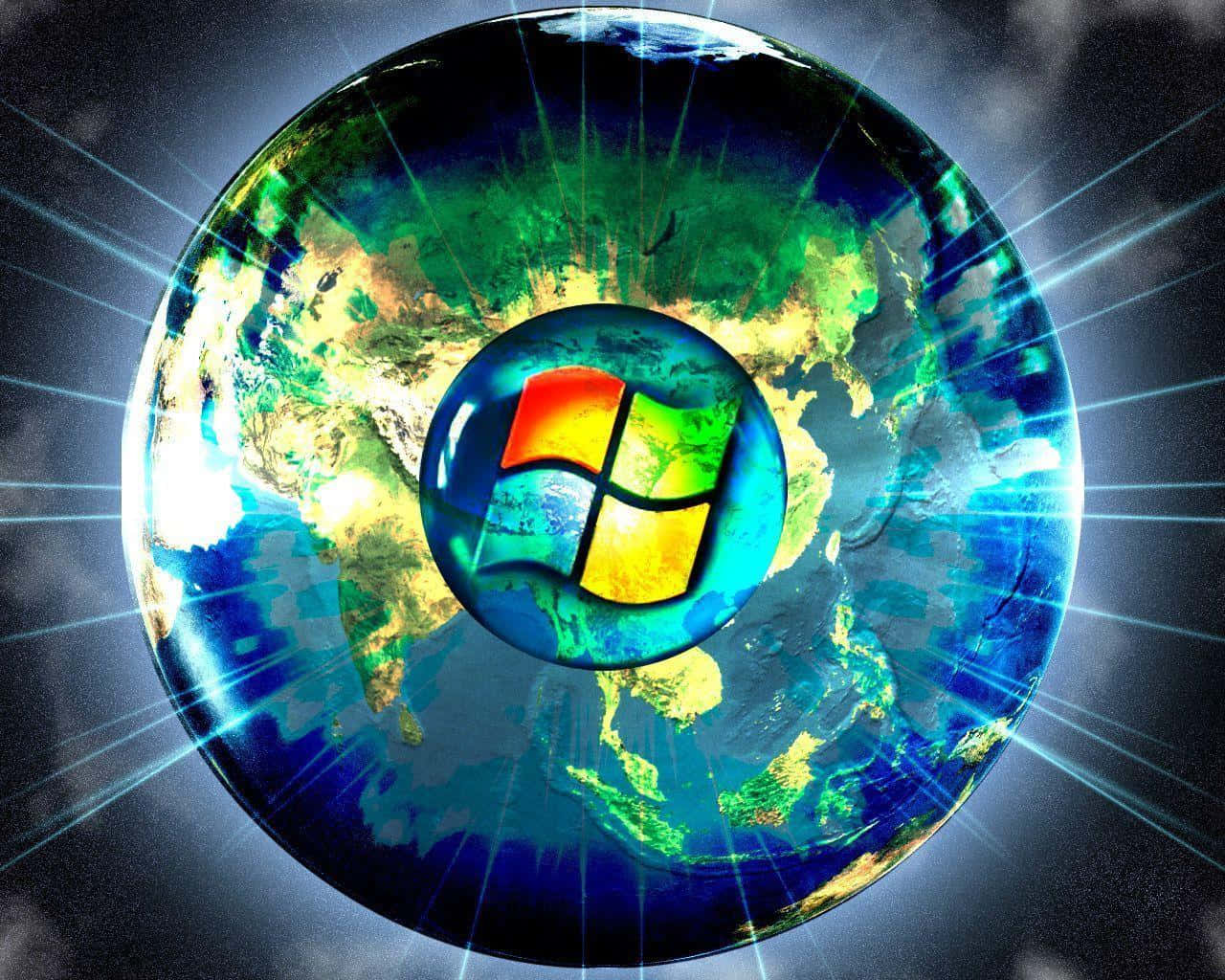 Windows標誌位於地球中央，在黑暗的天空中發出耀眼的光束。 — Windows Vista 動態圖片 壁紙