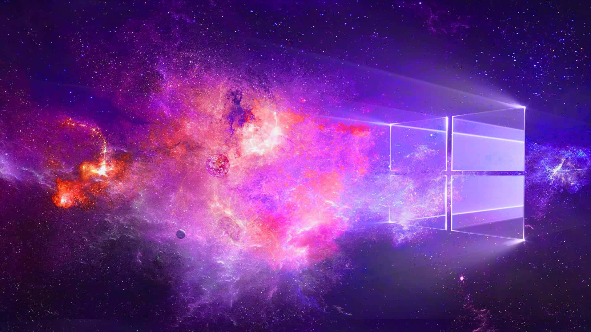 Windows 桌布 壁紙 — 一個發光的Windows標誌漂浮在充滿紫色、粉紅色和橙色星星的充滿活力的宇宙星雲中。